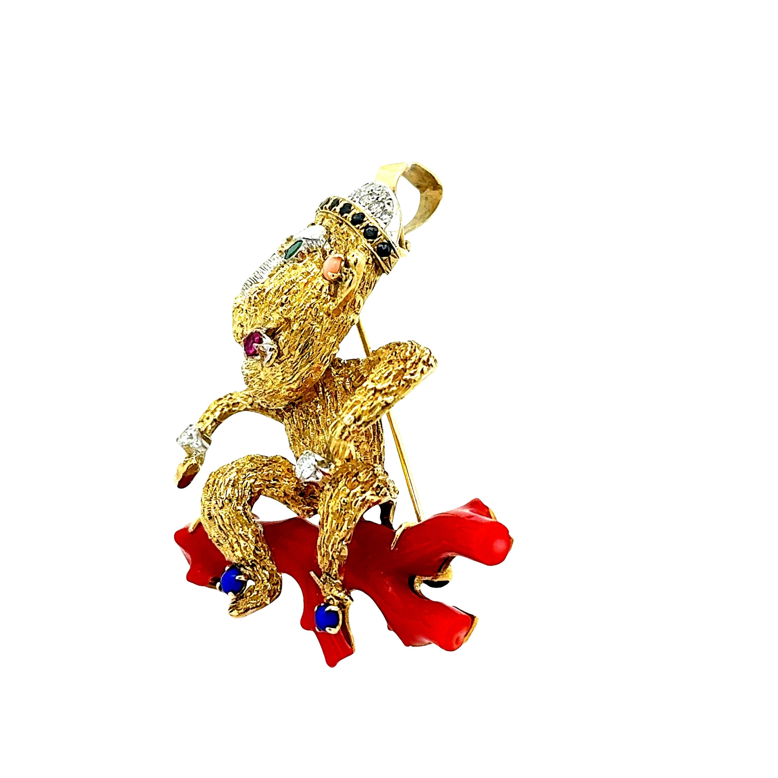 Red Coral Multi-colored Gemstones Diamond 14K Yellow Gold Monkey Brooch Pendant
