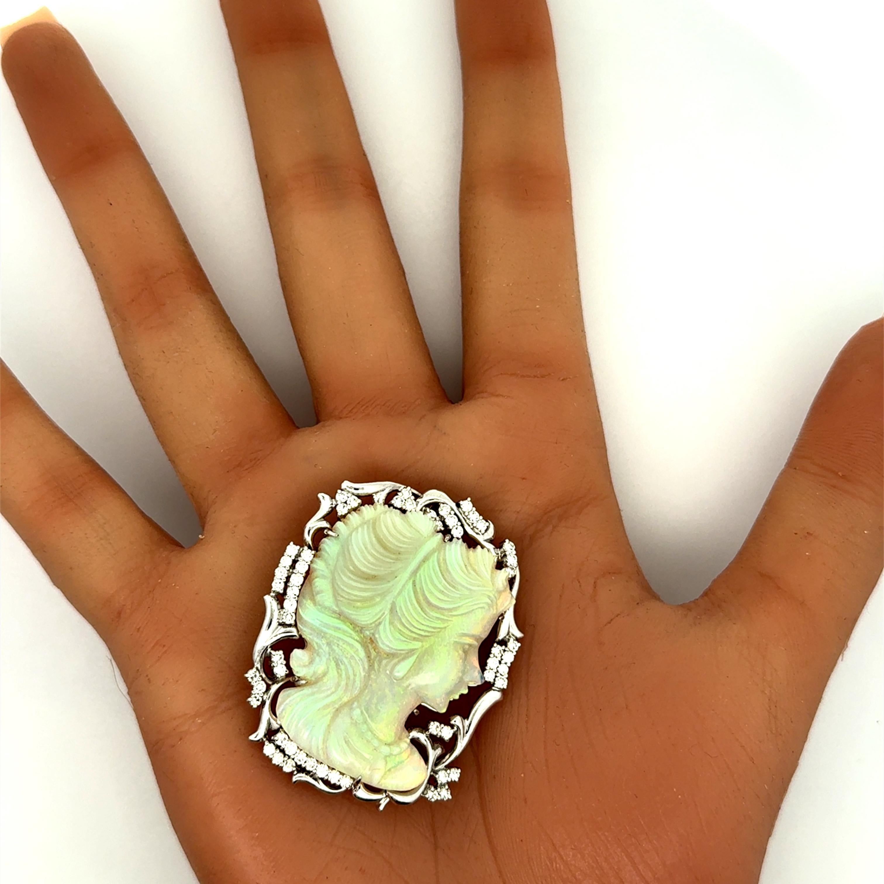Carved Australian Crystal Opal Diamond Platinum Cameo Brooch