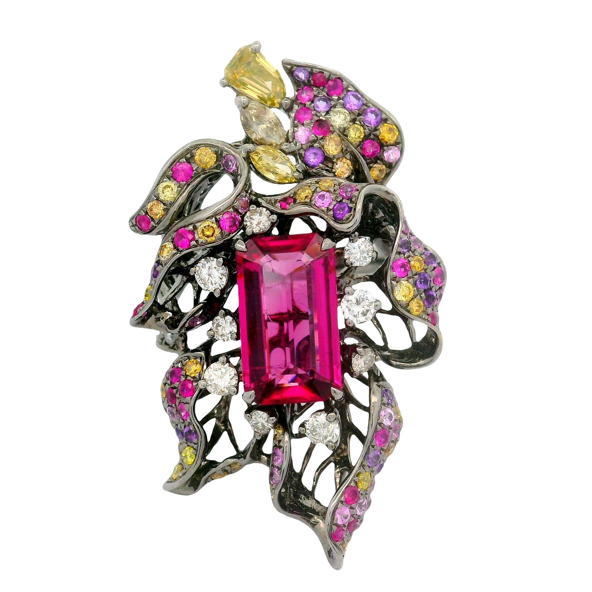 3.27 Carat Tourmaline Rubellite Diamond Sapphire 18K Rhodium Gold Flower Ring