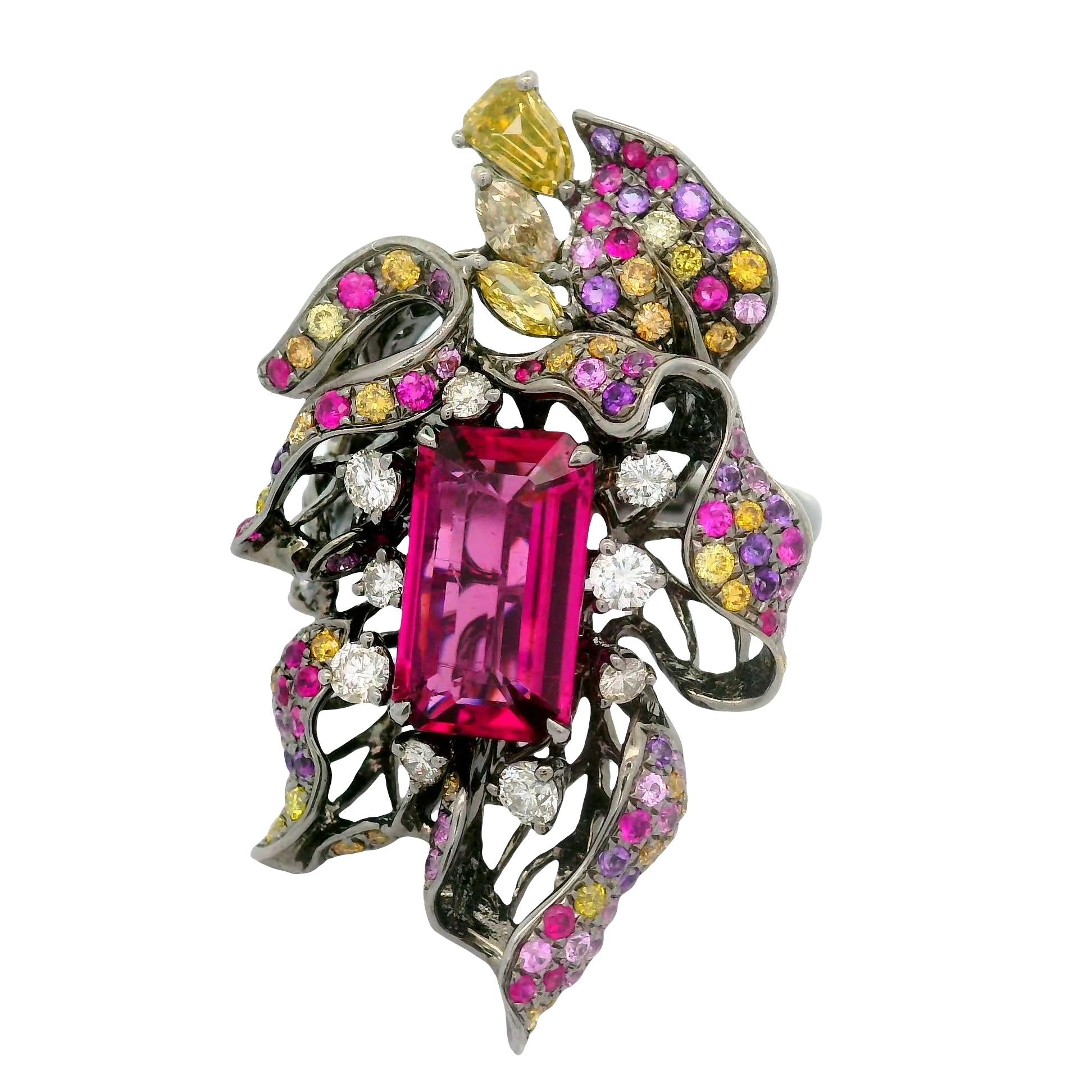 3.27 Carat Tourmaline Rubellite Diamond Sapphire 18K Rhodium Gold Flower Ring