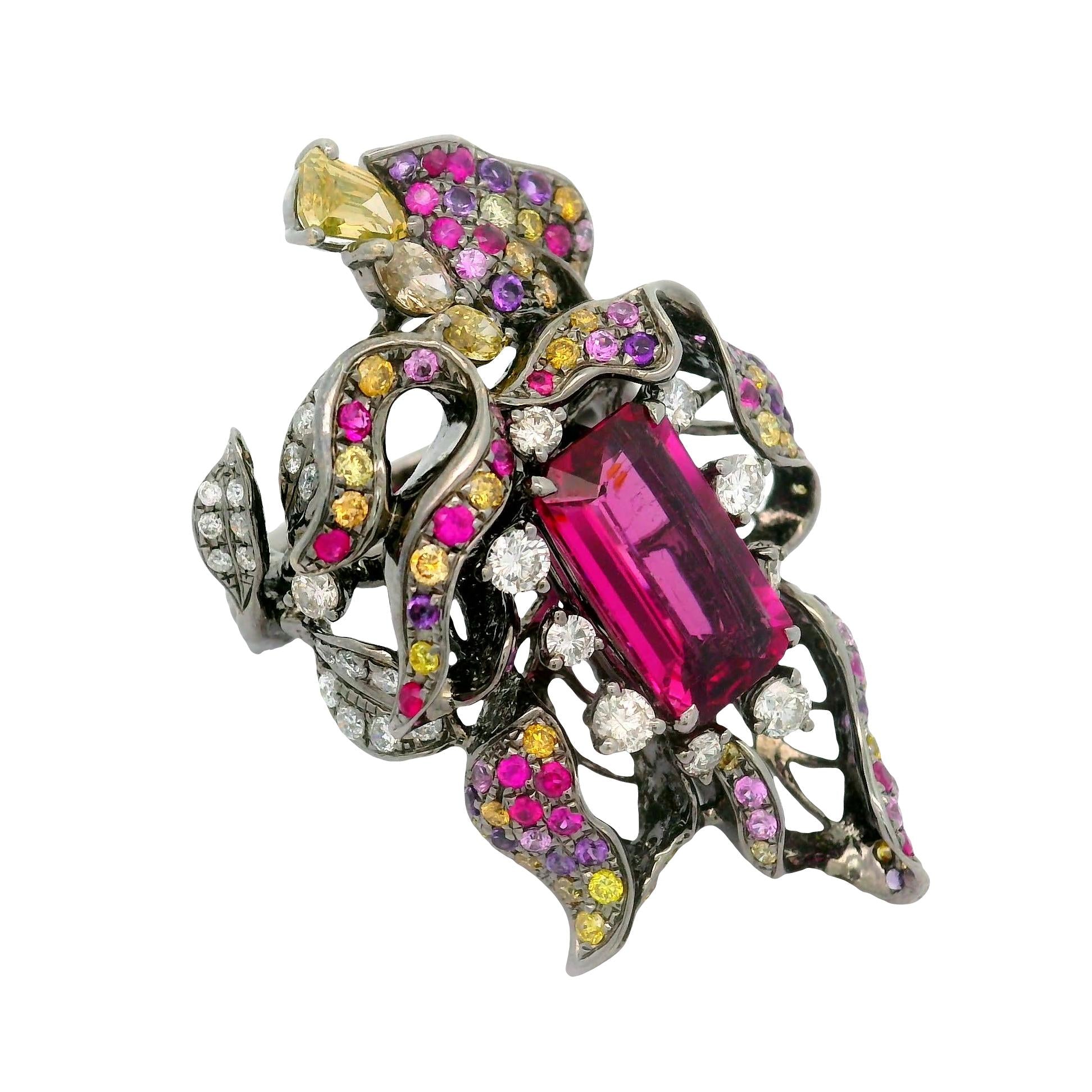 3.27 Carat Tourmaline Rubellite Diamond Sapphire 18K Rhodium Gold Flower Ring