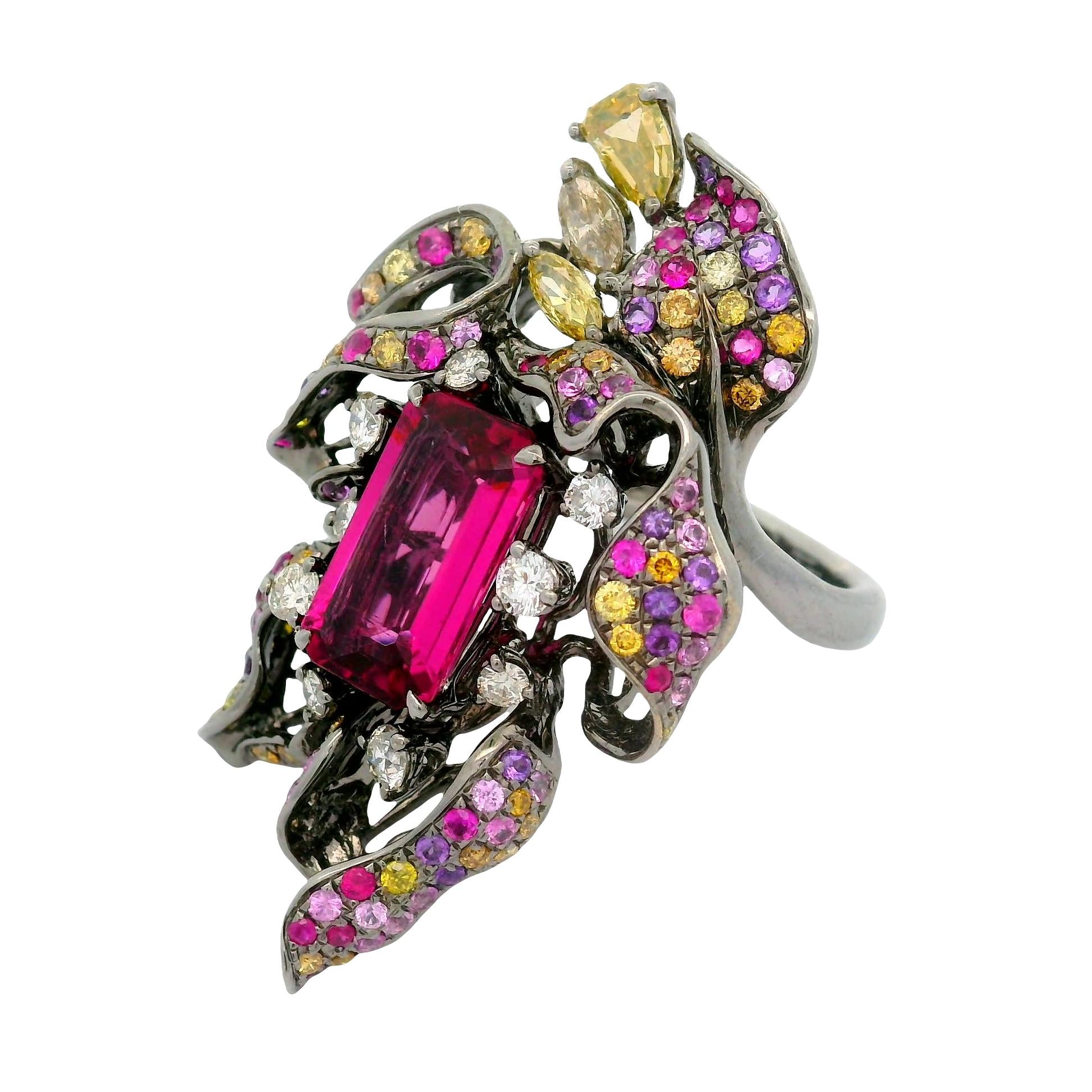 3.27 Carat Tourmaline Rubellite Diamond Sapphire 18K Rhodium Gold Flower Ring