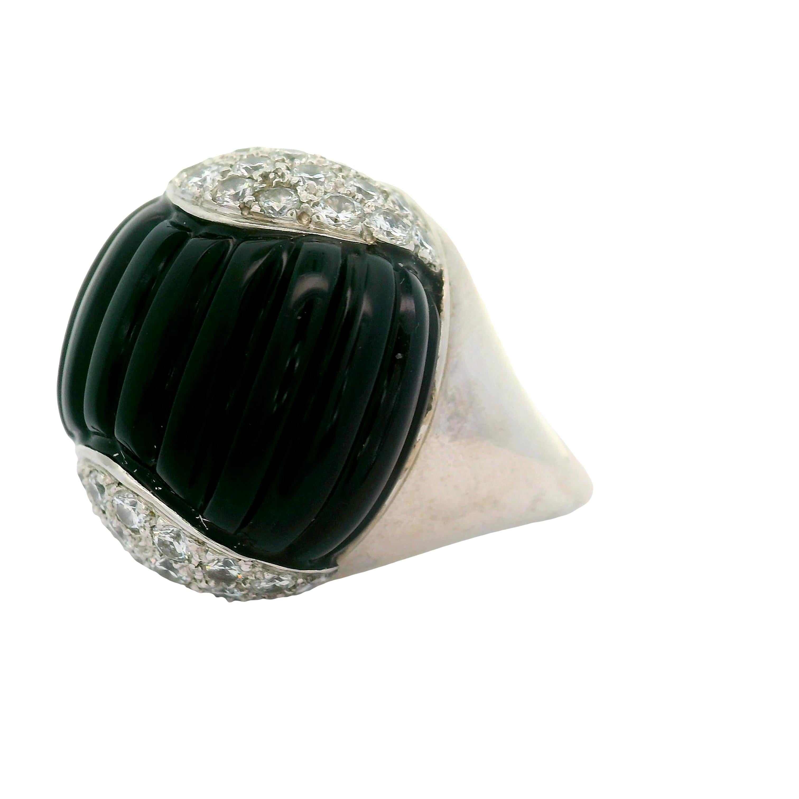 Black Onyx Diamond 18K White Gold Cocktail Ring
