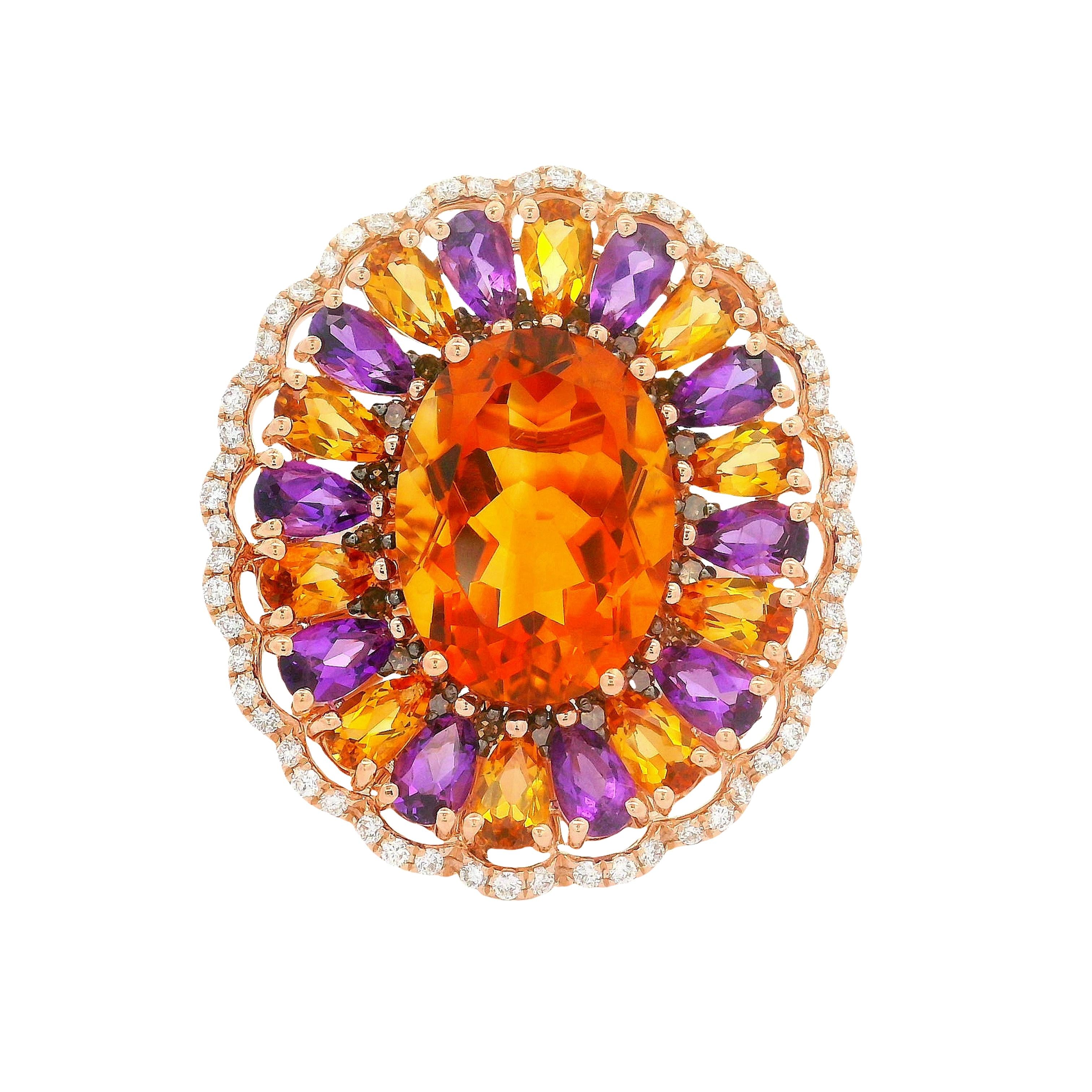 12.39 Carats Multi-colored Gemstones Diamond 14K Rose Gold Sunflower Halo Ring