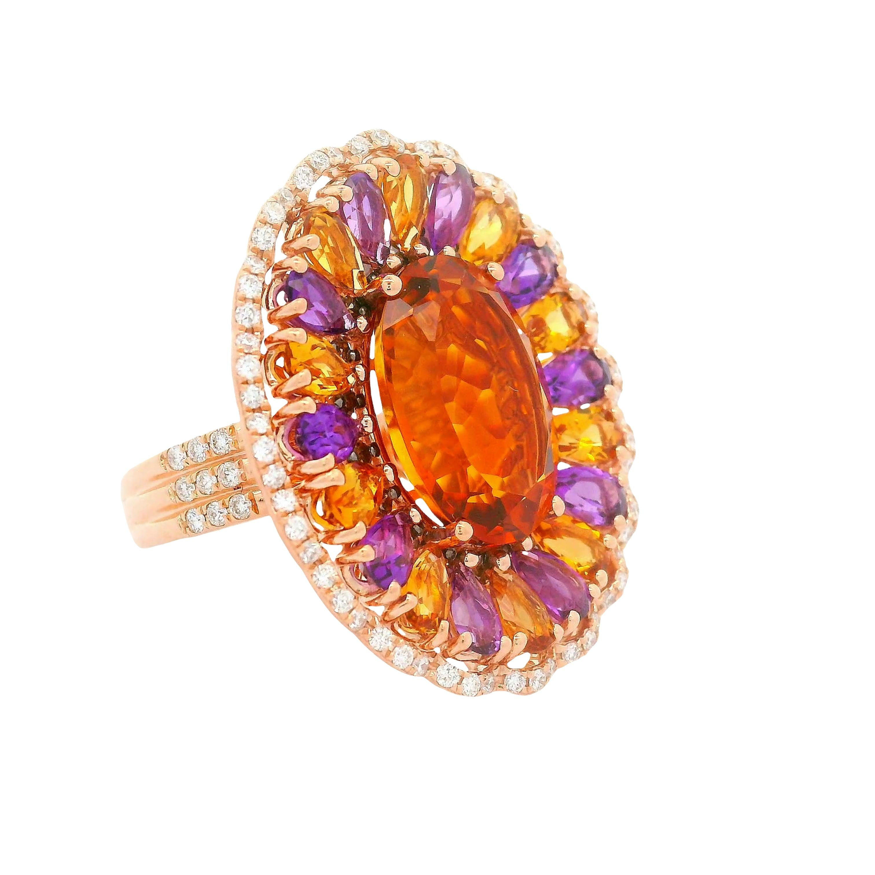 12.39 Carats Multi-colored Gemstones Diamond 14K Rose Gold Sunflower Halo Ring