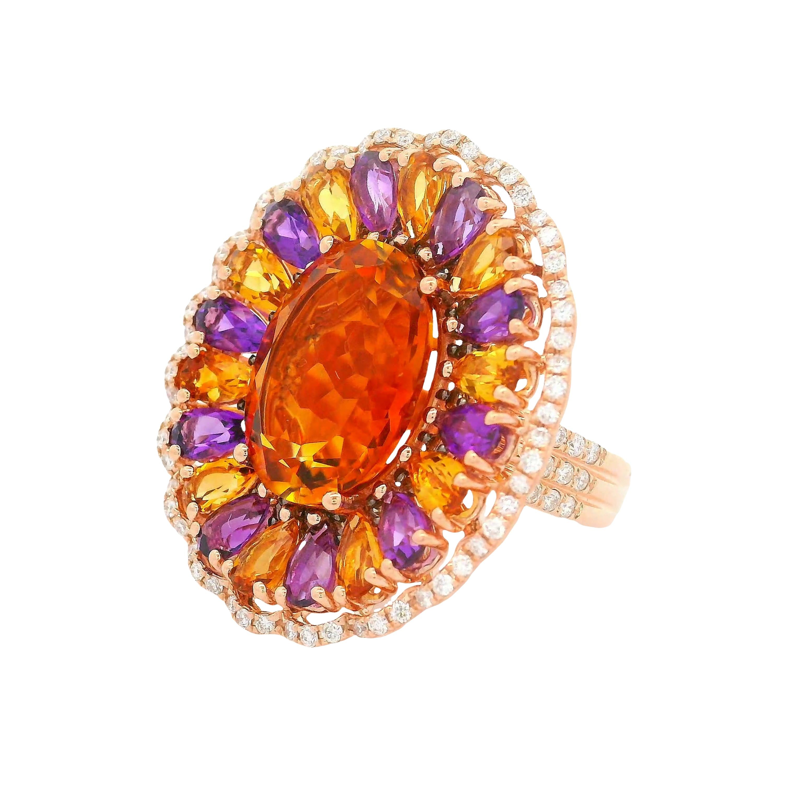 12.39 Carats Multi-colored Gemstones Diamond 14K Rose Gold Sunflower Halo Ring