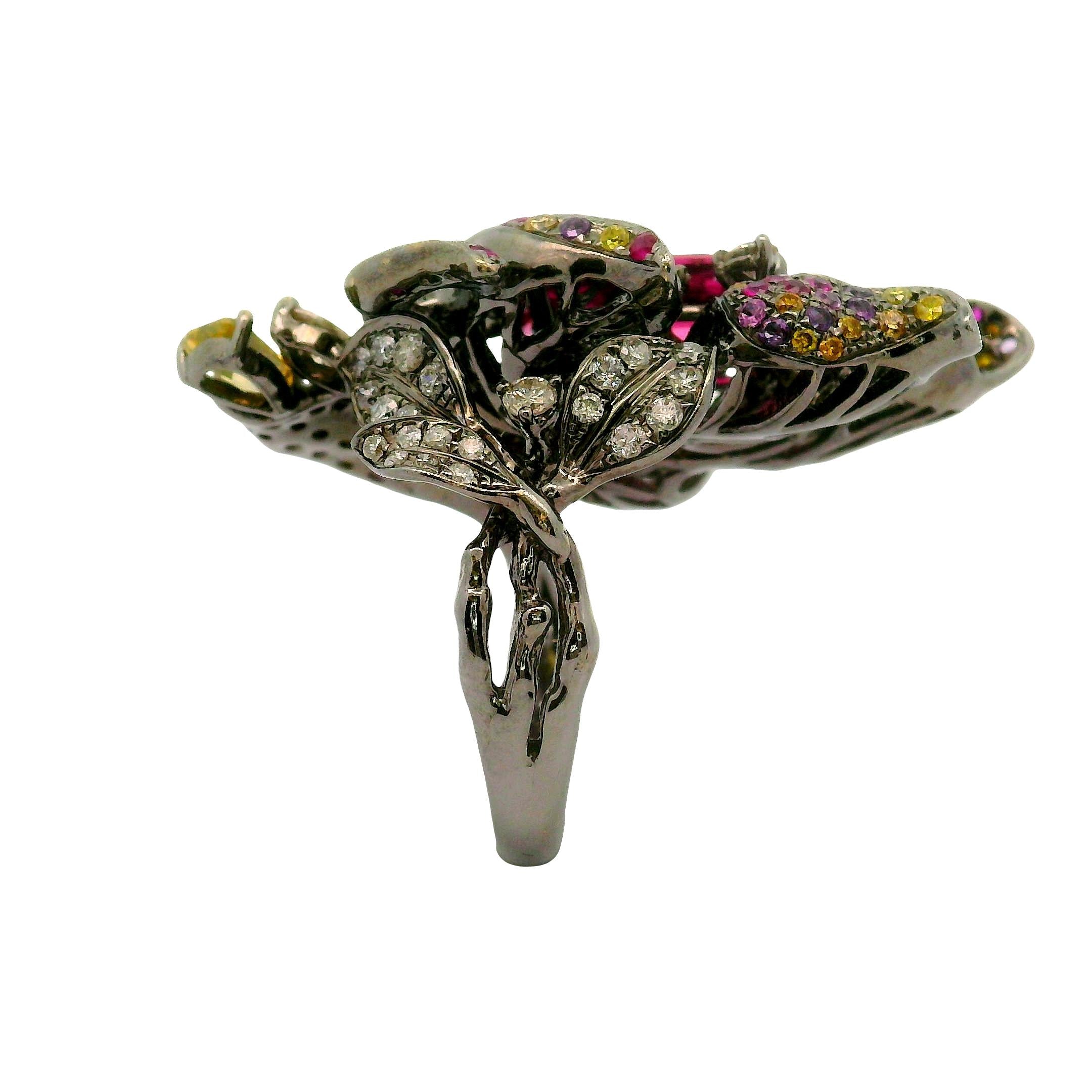3.27 Carat Tourmaline Rubellite Diamond Sapphire 18K Rhodium Gold Flower Ring