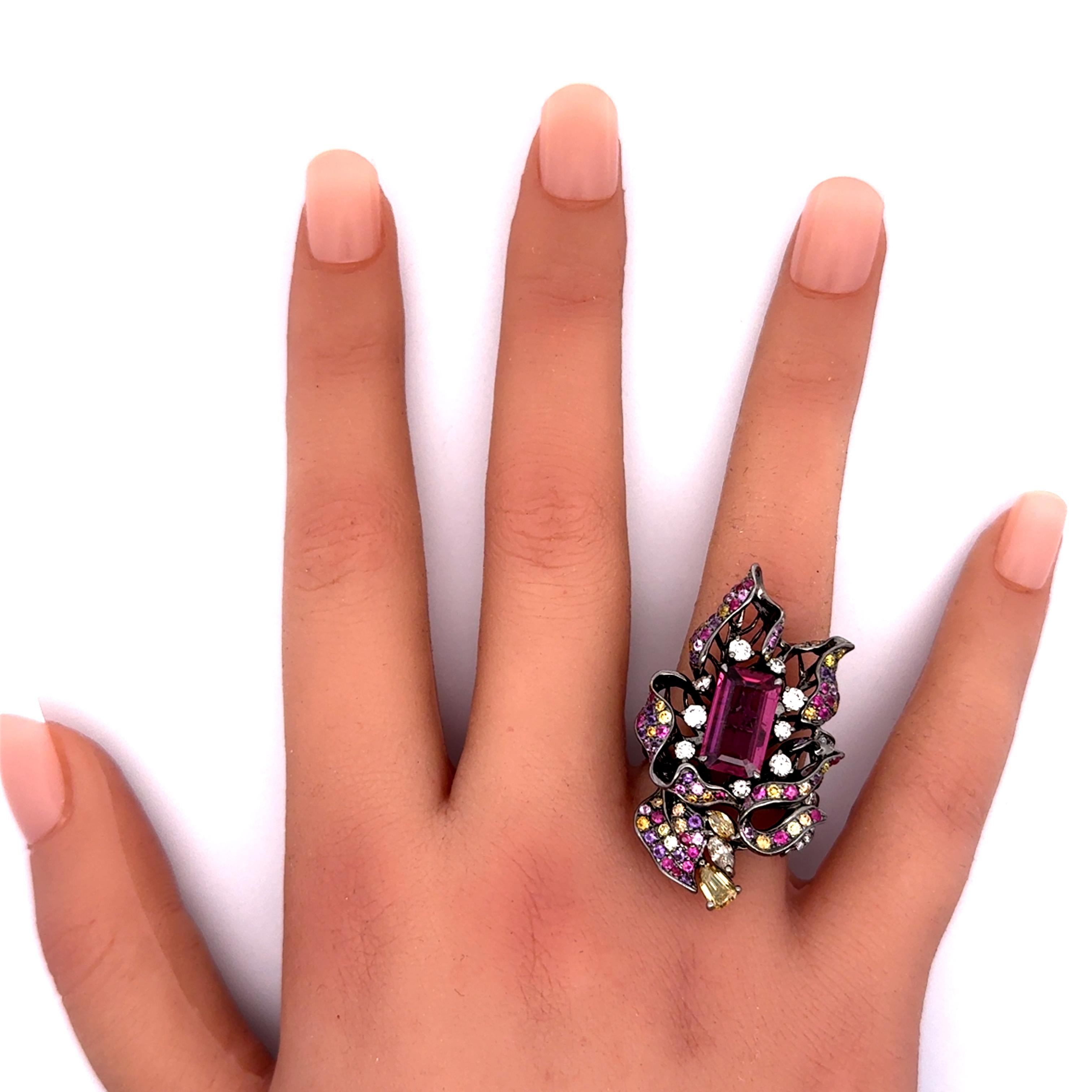 3.27 Carat Tourmaline Rubellite Diamond Sapphire 18K Rhodium Gold Flower Ring