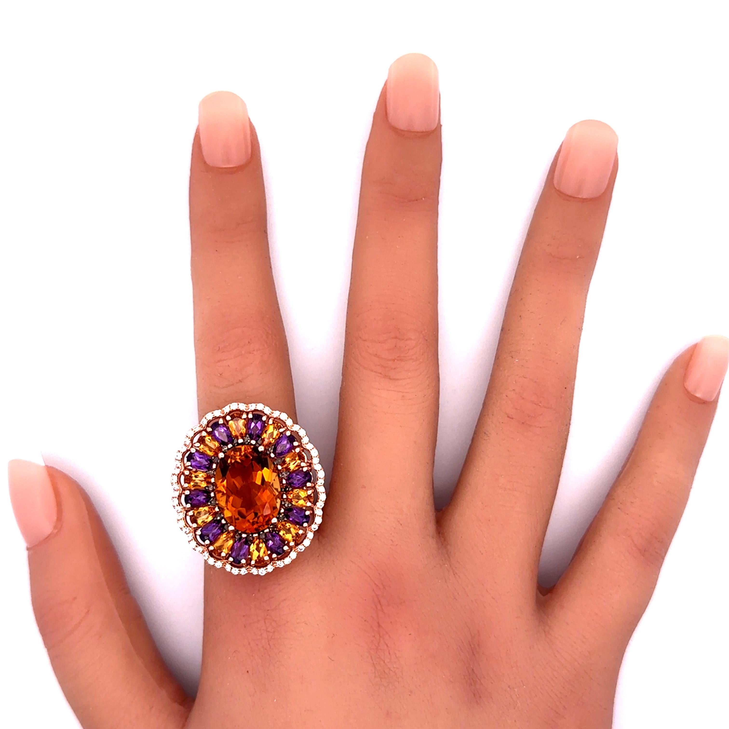 12.39 Carats Multi-colored Gemstones Diamond 14K Rose Gold Sunflower Halo Ring