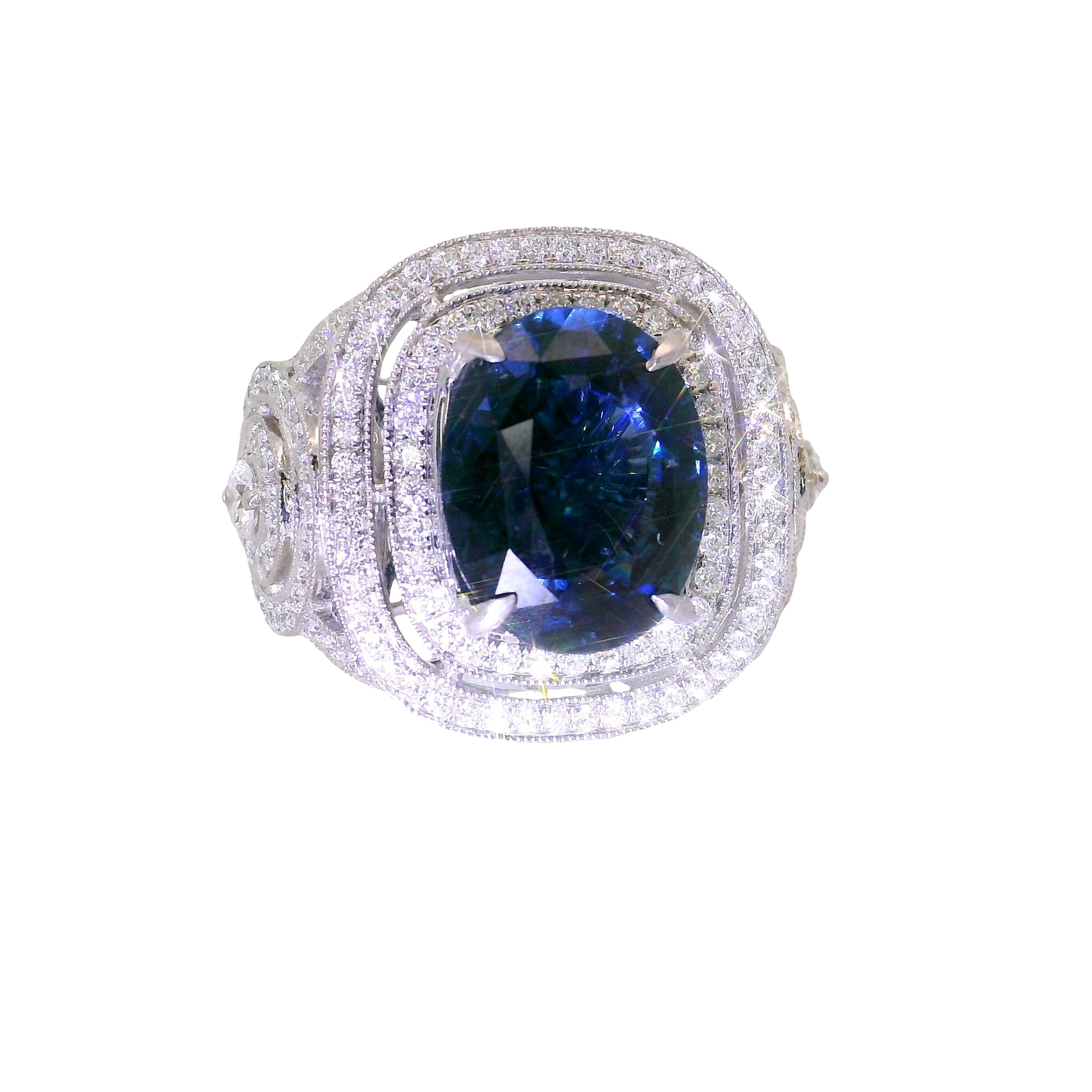 5.79 Carat Blue Spinel Diamond 18K White Gold Ring, AGL Certified