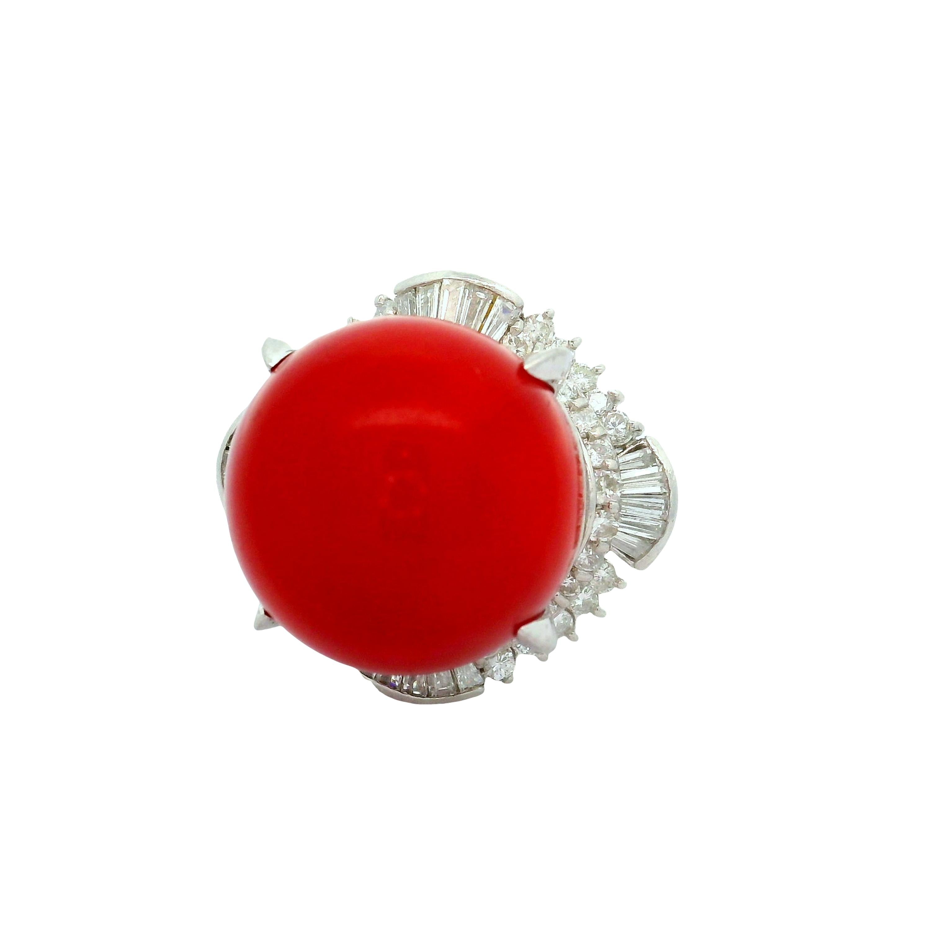 17mm Red Coral Diamond Platinum Ballerina Ring