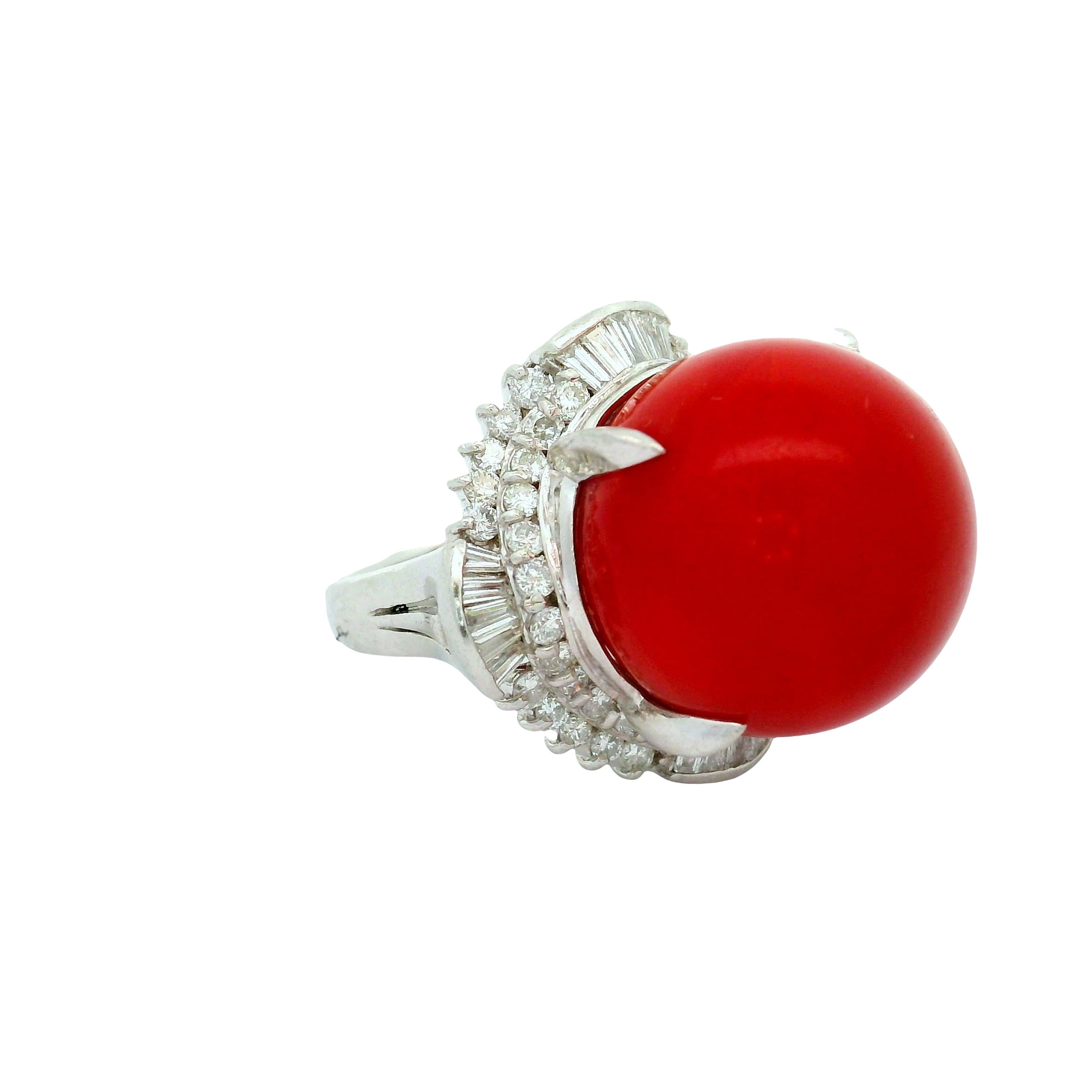 17mm Red Coral Diamond Platinum Ballerina Ring
