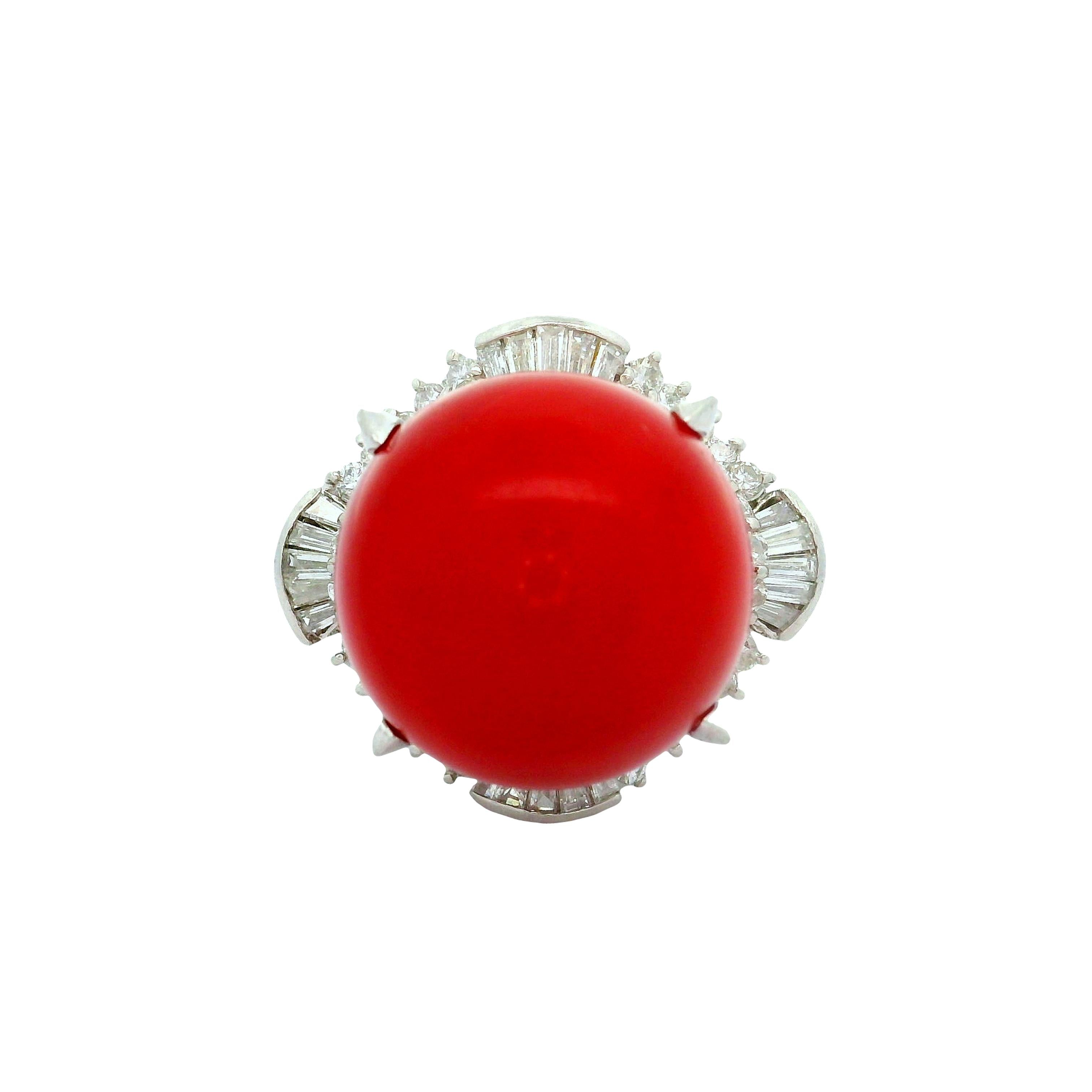 17mm Red Coral Diamond Platinum Ballerina Ring