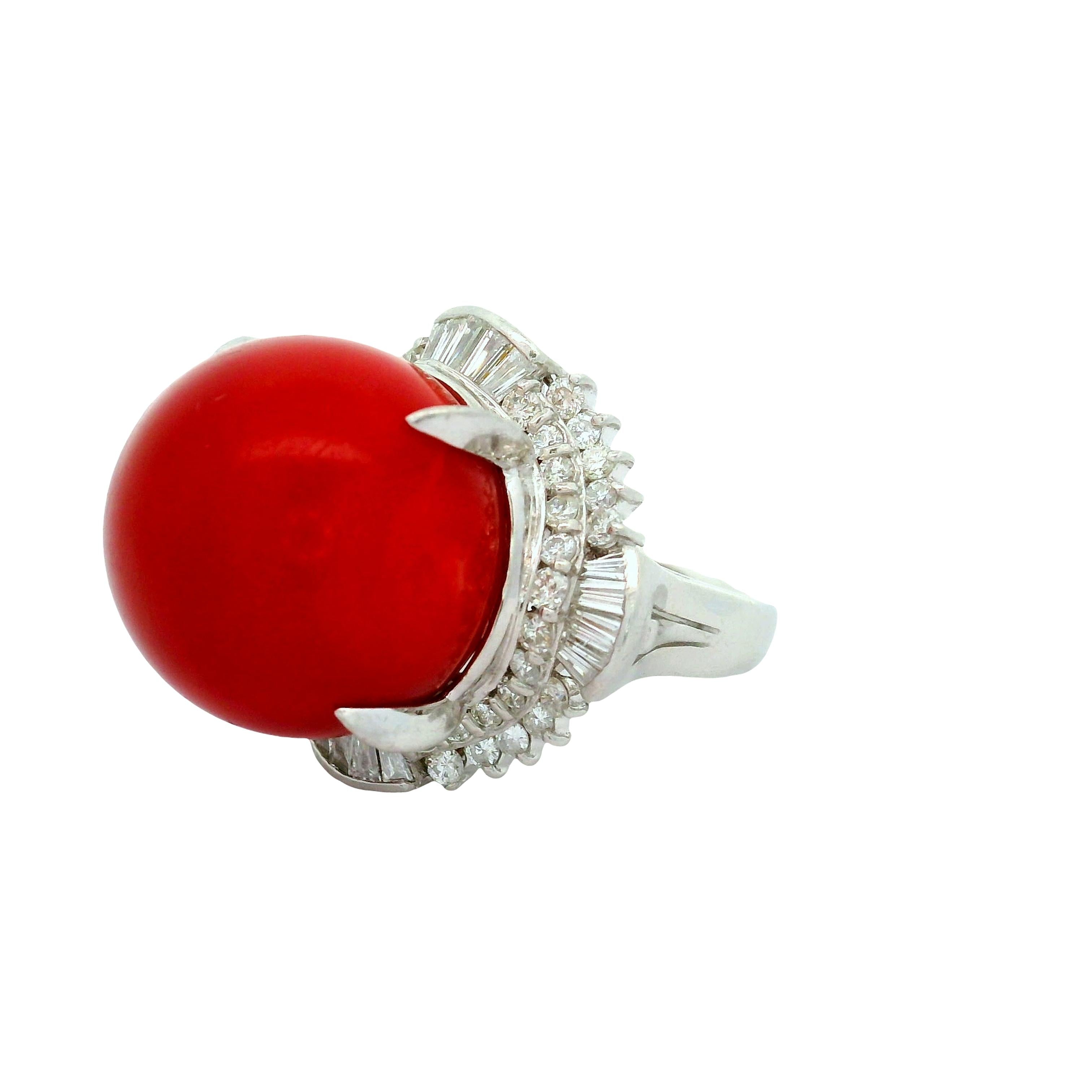 17mm Red Coral Diamond Platinum Ballerina Ring