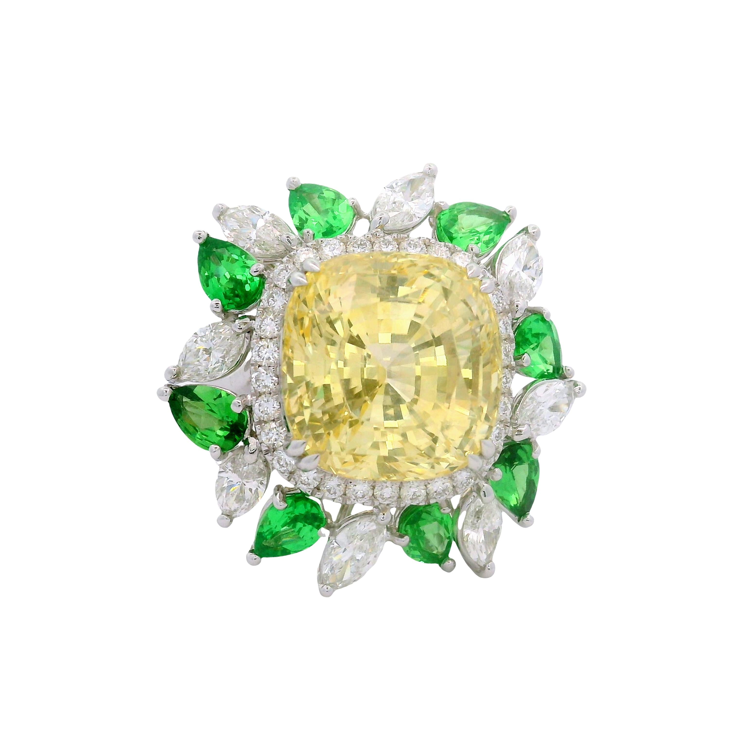 17.73ct Yellow Sapphire Diamond Tsavortite 18k White Gold Ring, AIGS No-Heat