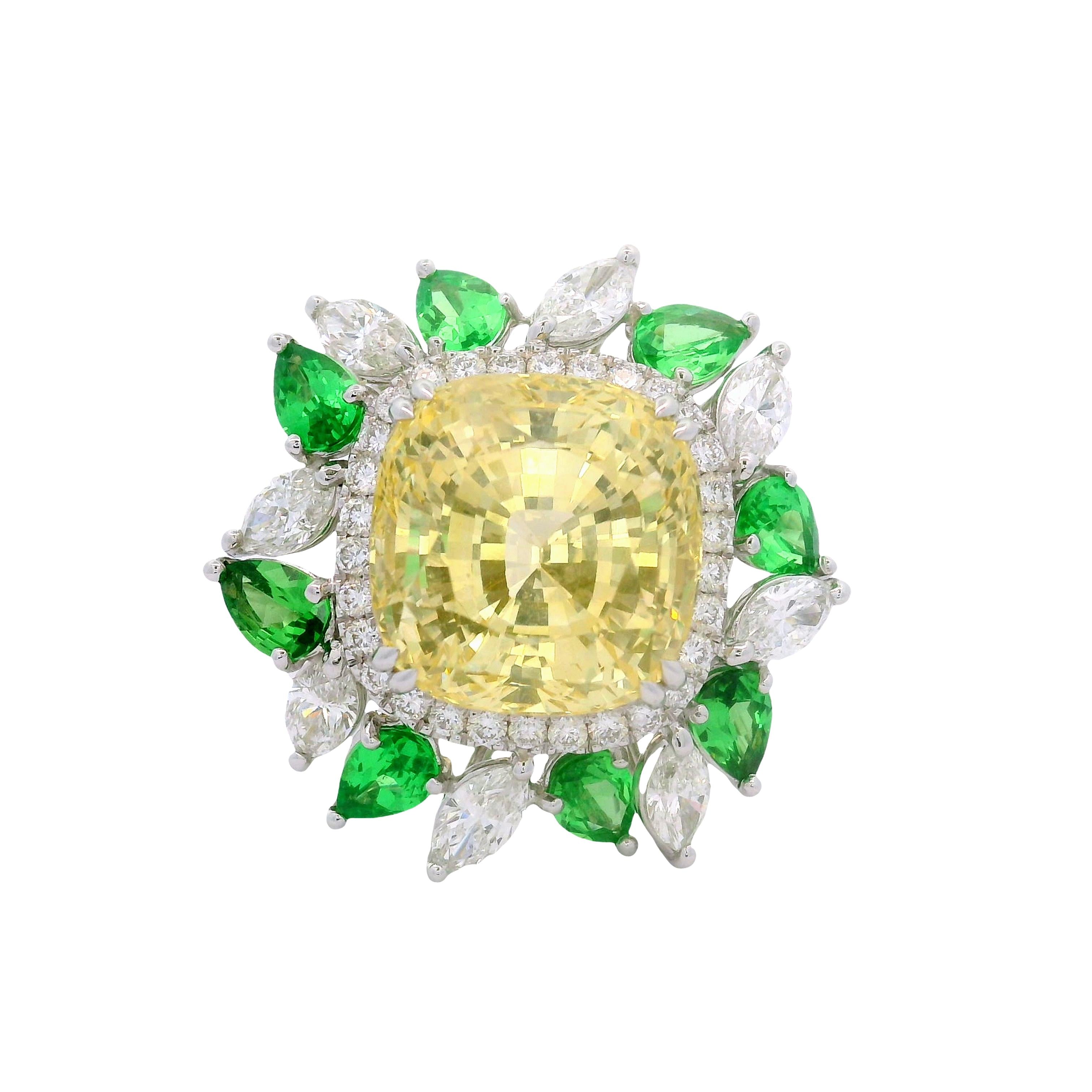 17.73ct Yellow Sapphire Diamond Tsavortite 18k White Gold Ring, AIGS No-Heat