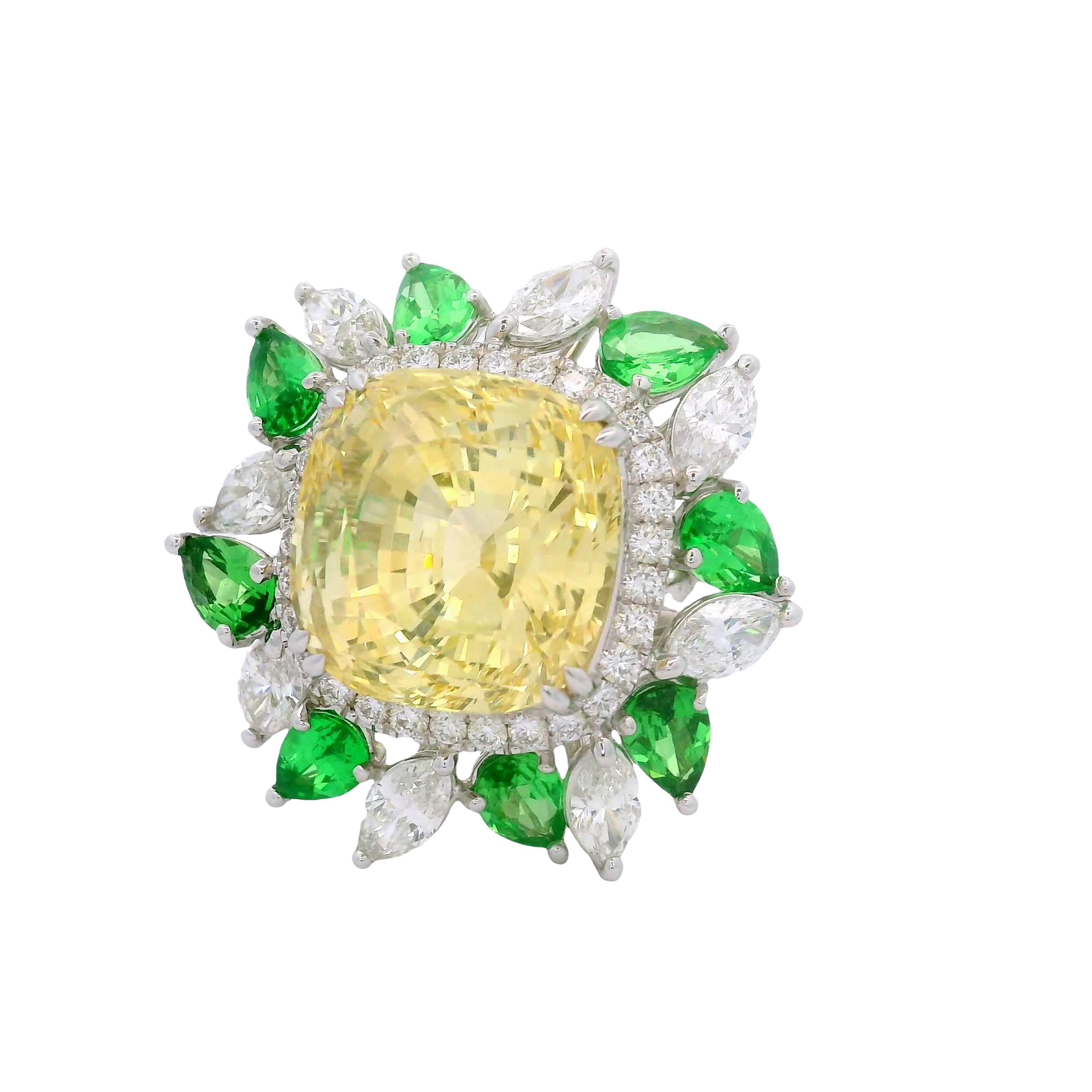 17.73ct Yellow Sapphire Diamond Tsavortite 18k White Gold Ring, AIGS No-Heat