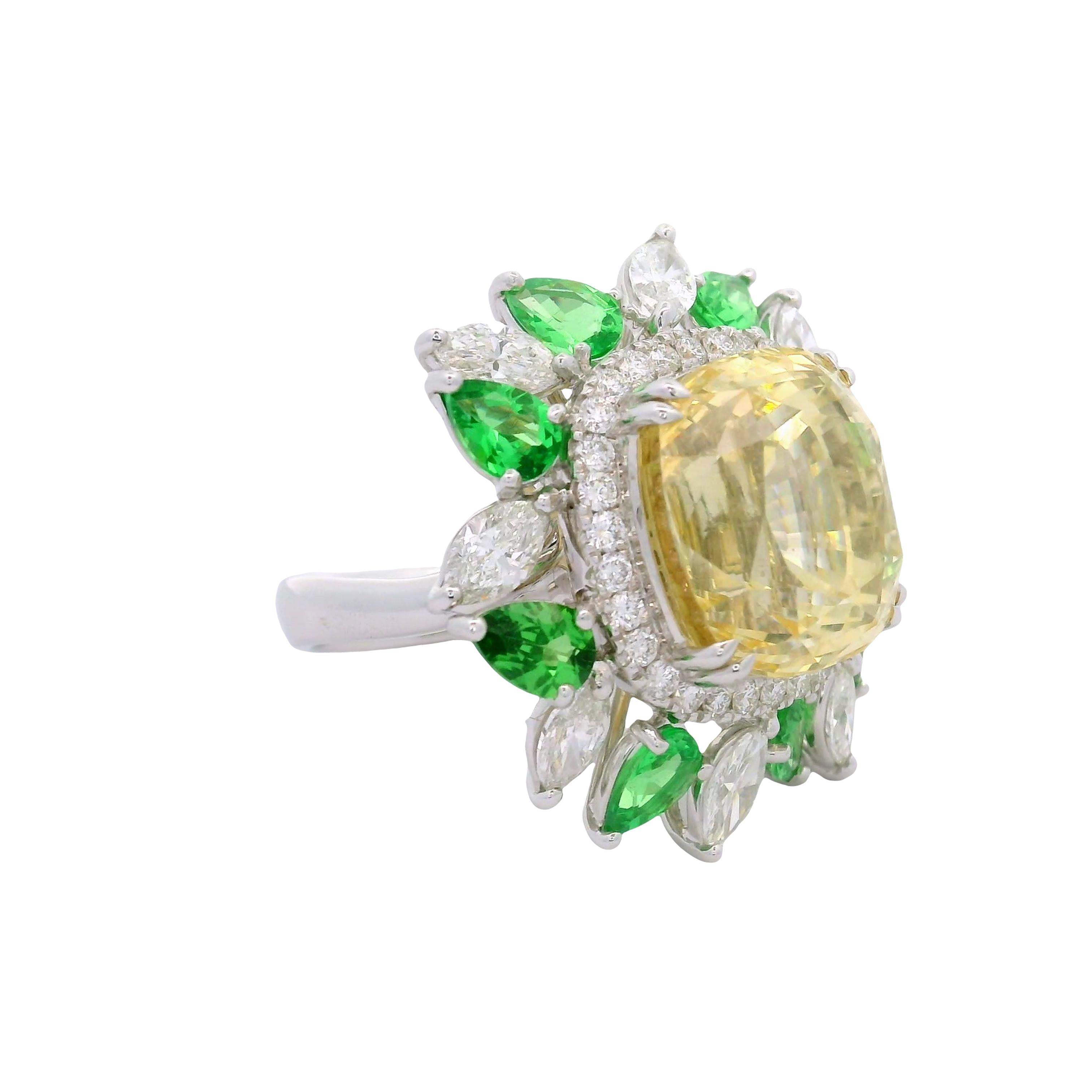17.73ct Yellow Sapphire Diamond Tsavortite 18k White Gold Ring, AIGS No-Heat