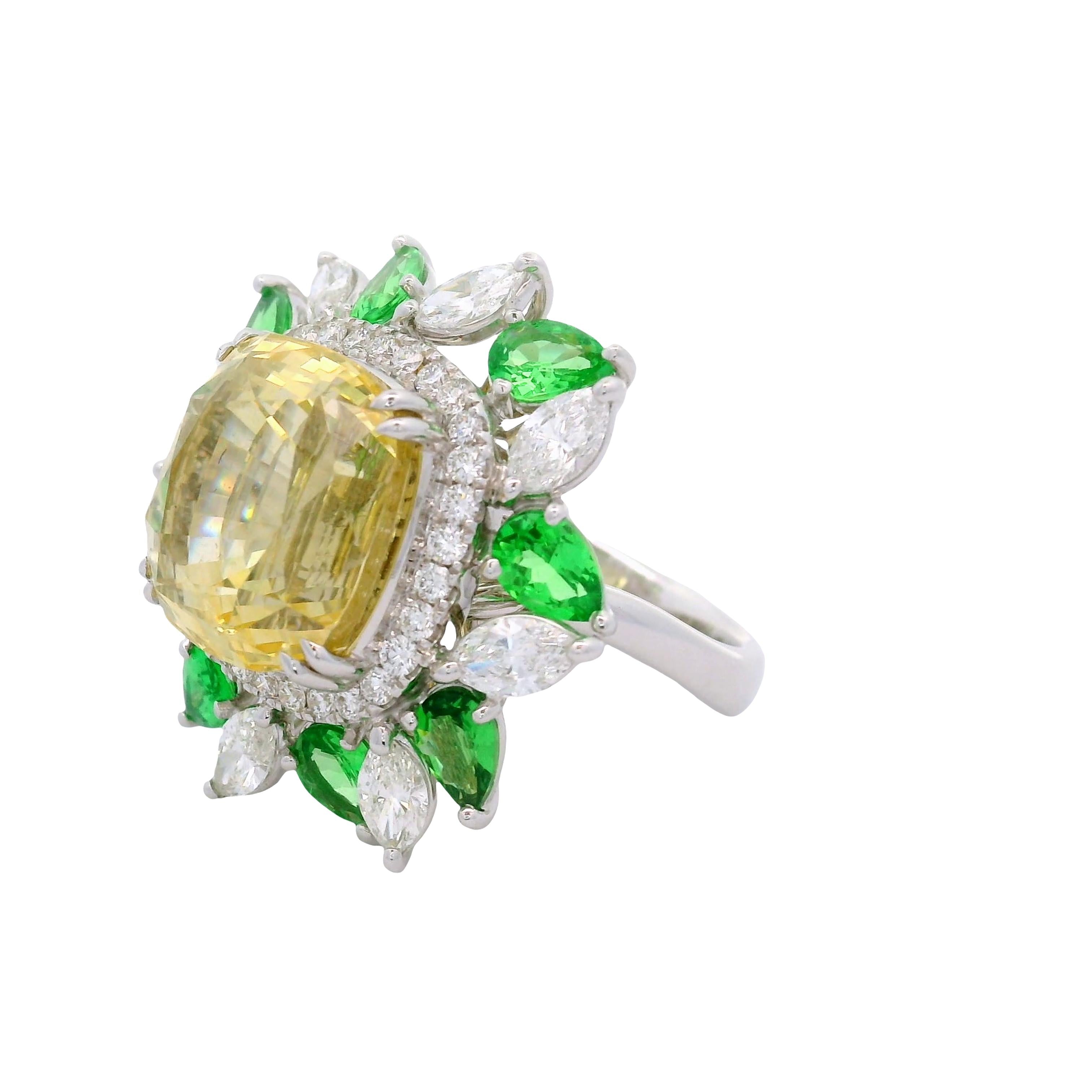 17.73ct Yellow Sapphire Diamond Tsavortite 18k White Gold Ring, AIGS No-Heat