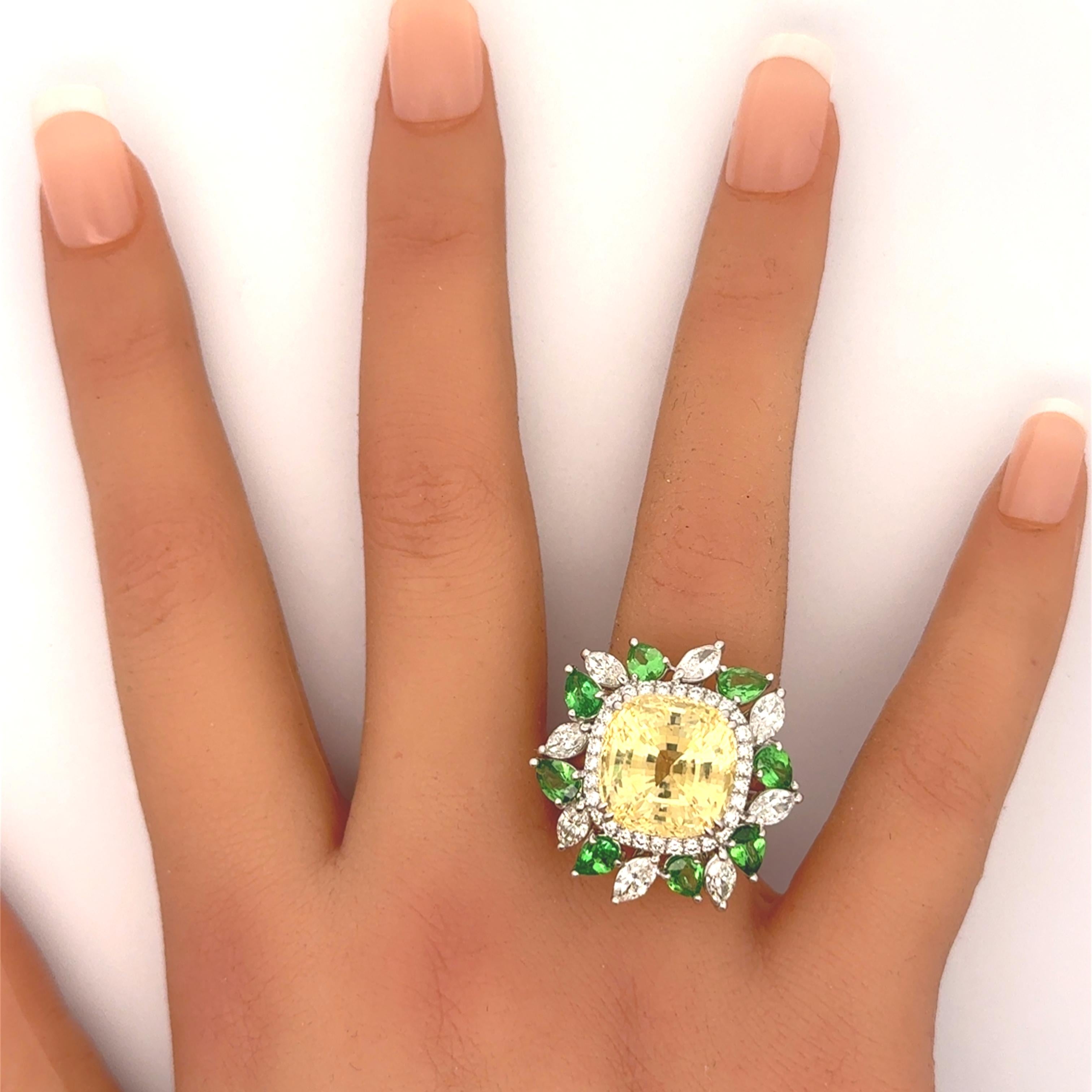 17.73ct Yellow Sapphire Diamond Tsavortite 18k White Gold Ring, AIGS No-Heat