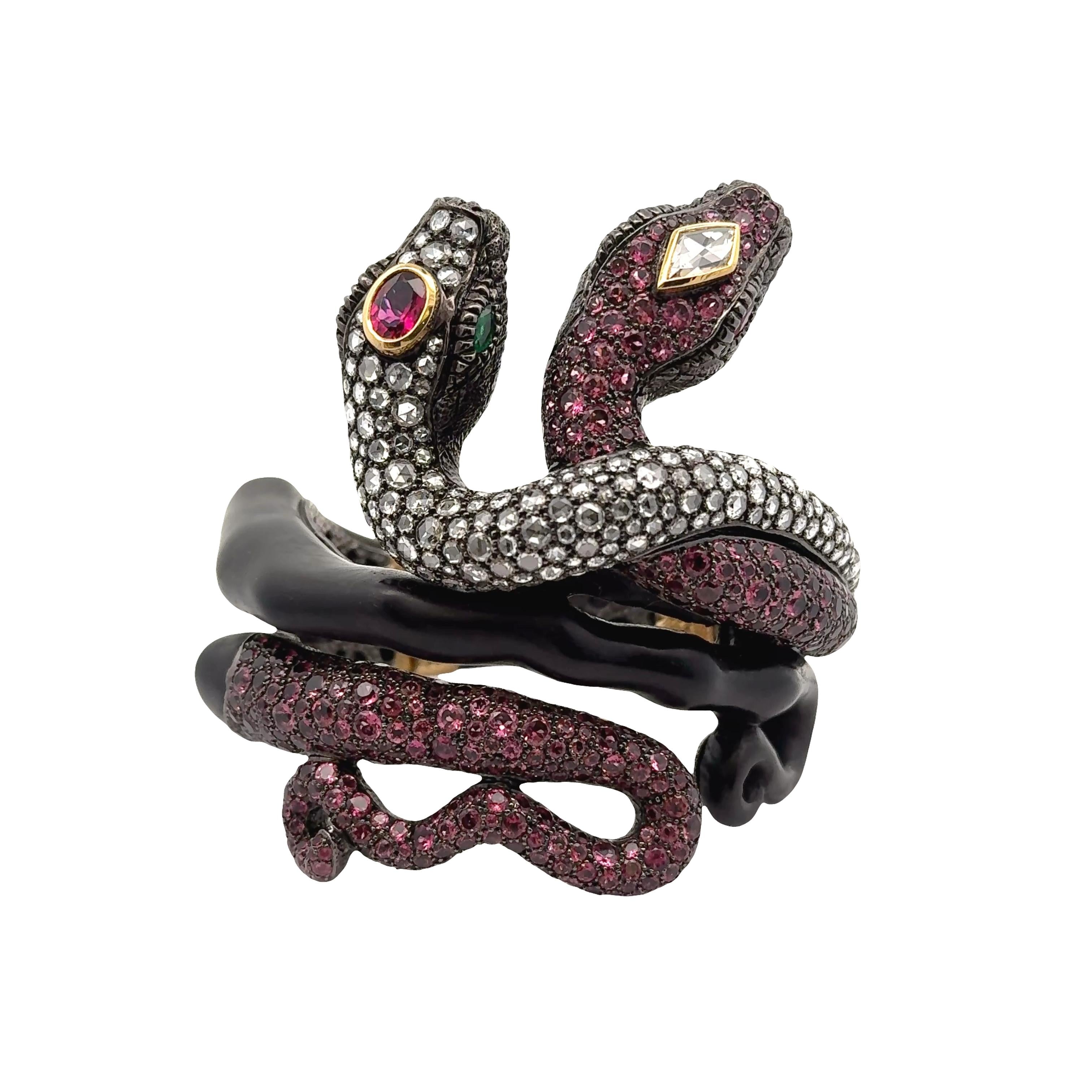 Pink Tourmaline Diamond Silver-18k Gold-Wooden Snake Bracelet