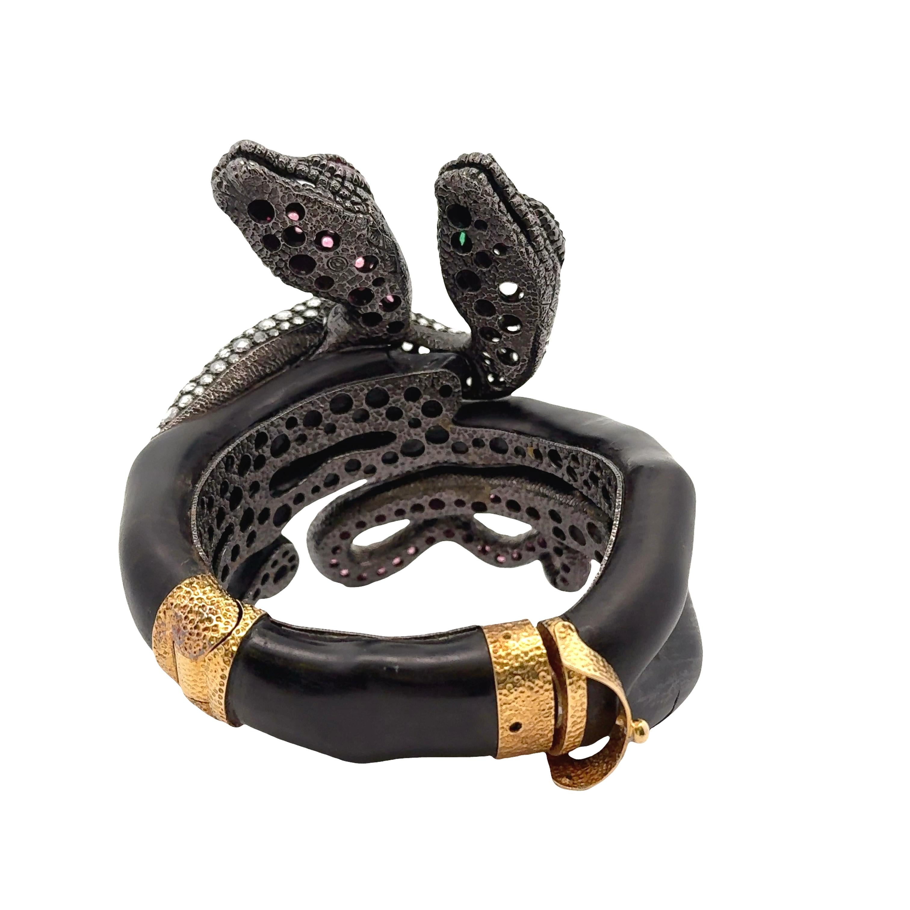 Pink Tourmaline Diamond Silver-18k Gold-Wooden Snake Bracelet