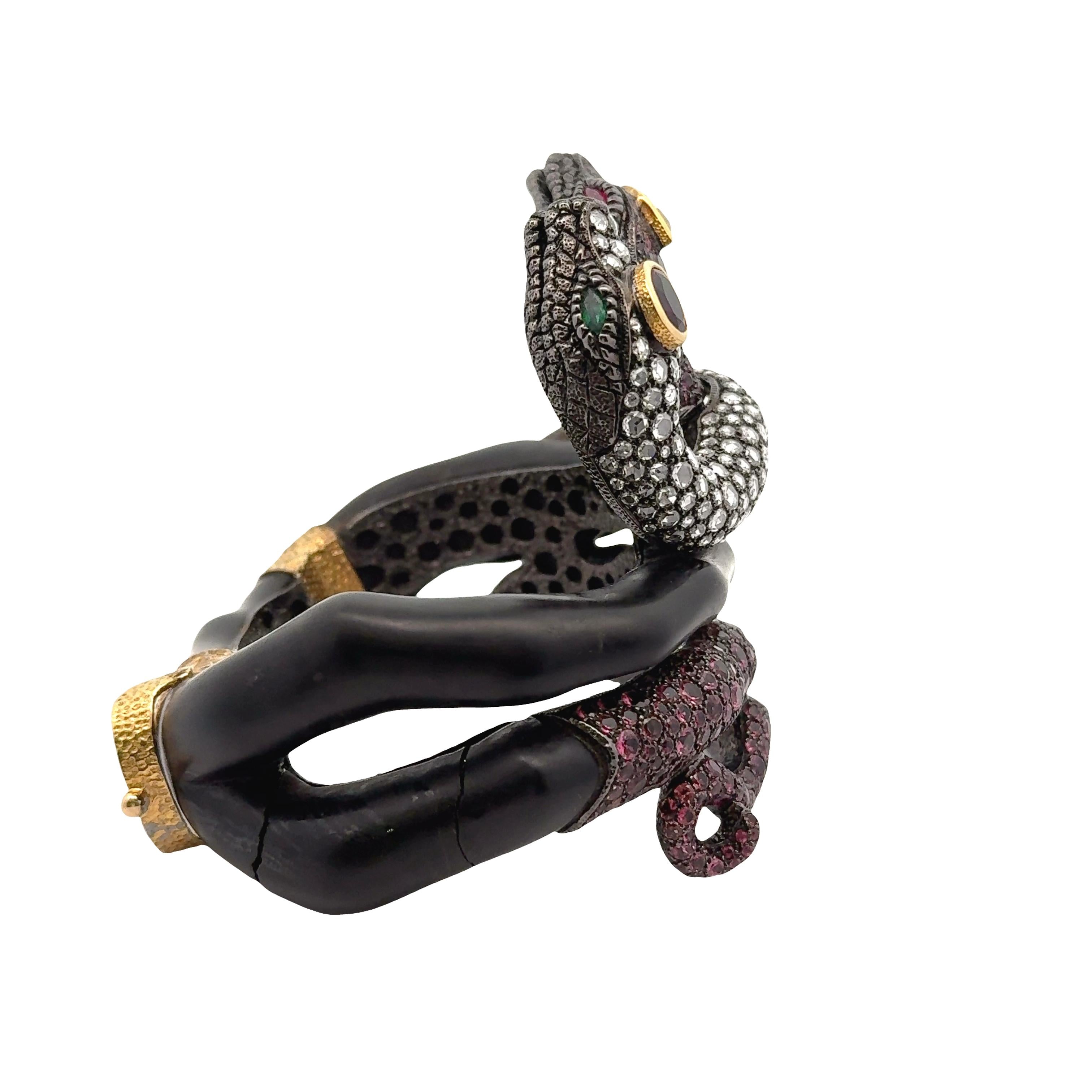 Pink Tourmaline Diamond Silver-18k Gold-Wooden Snake Bracelet
