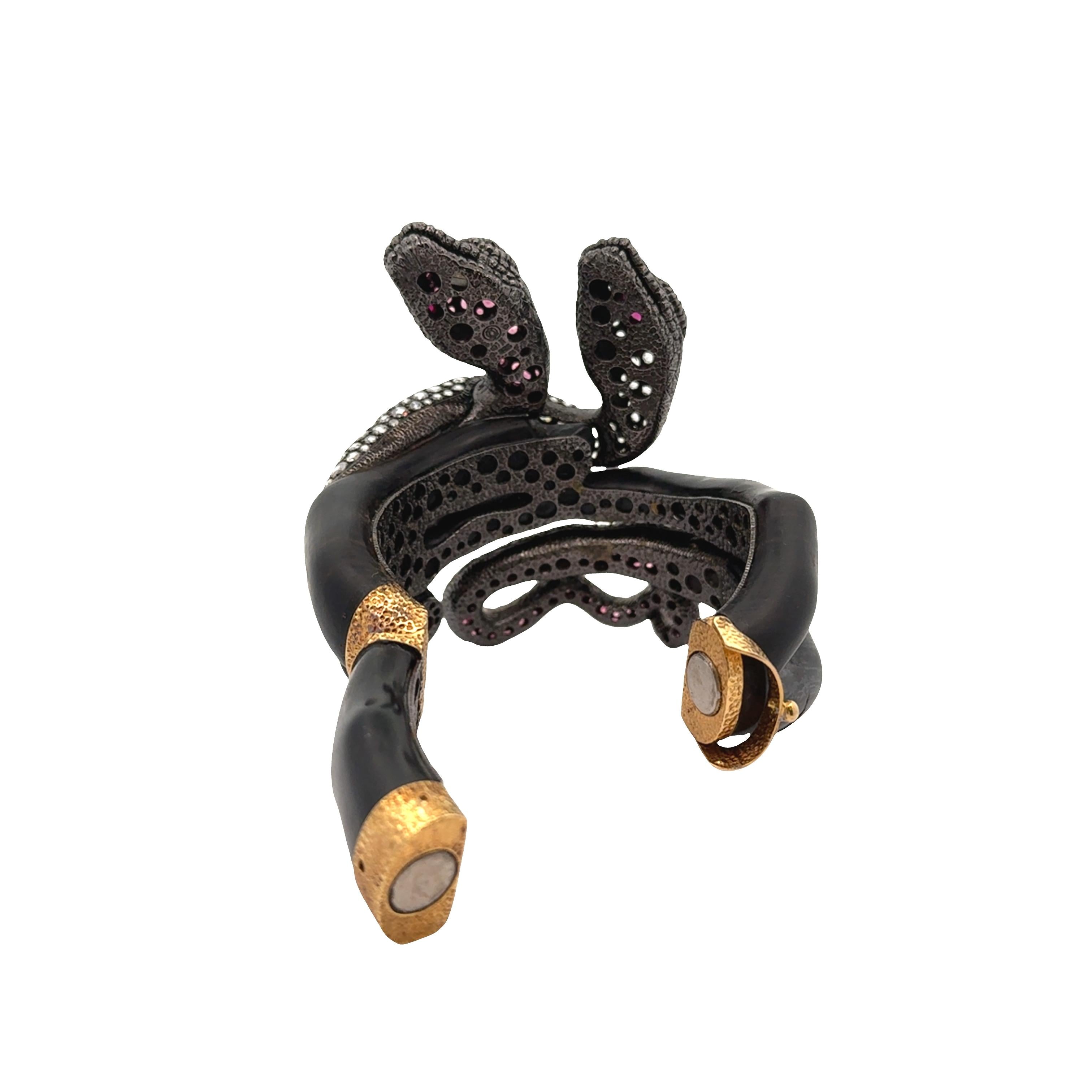 Pink Tourmaline Diamond Silver-18k Gold-Wooden Snake Bracelet