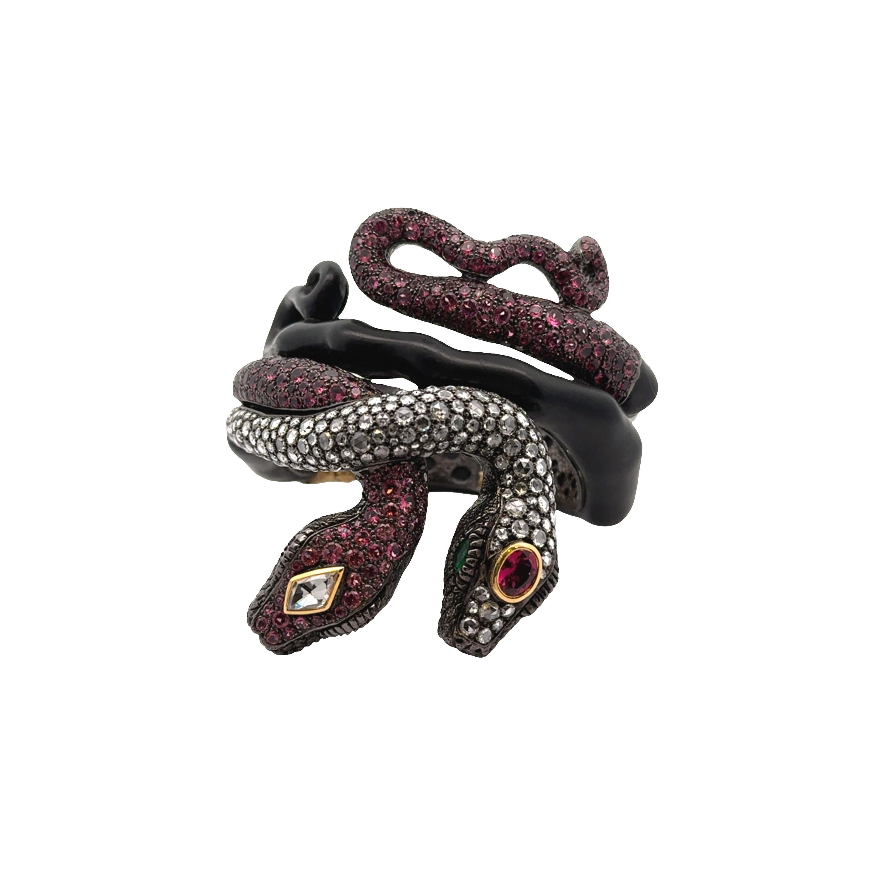 Pink Tourmaline Diamond Silver-18k Gold-Wooden Snake Bracelet