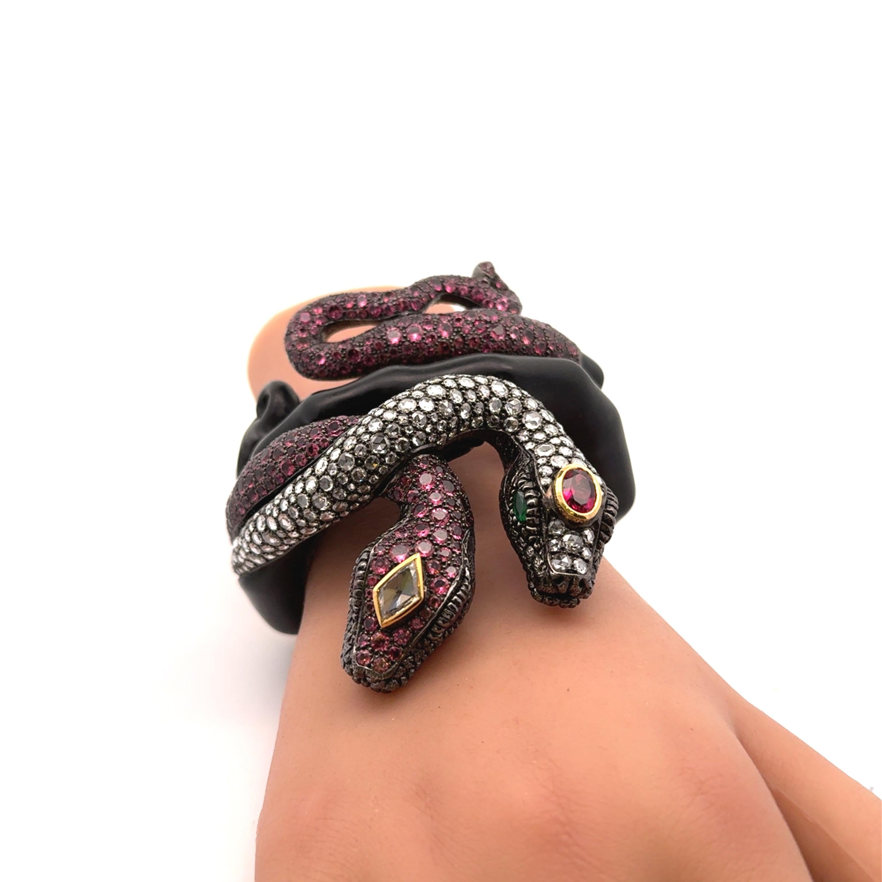 Pink Tourmaline Diamond Silver-18k Gold-Wooden Snake Bracelet