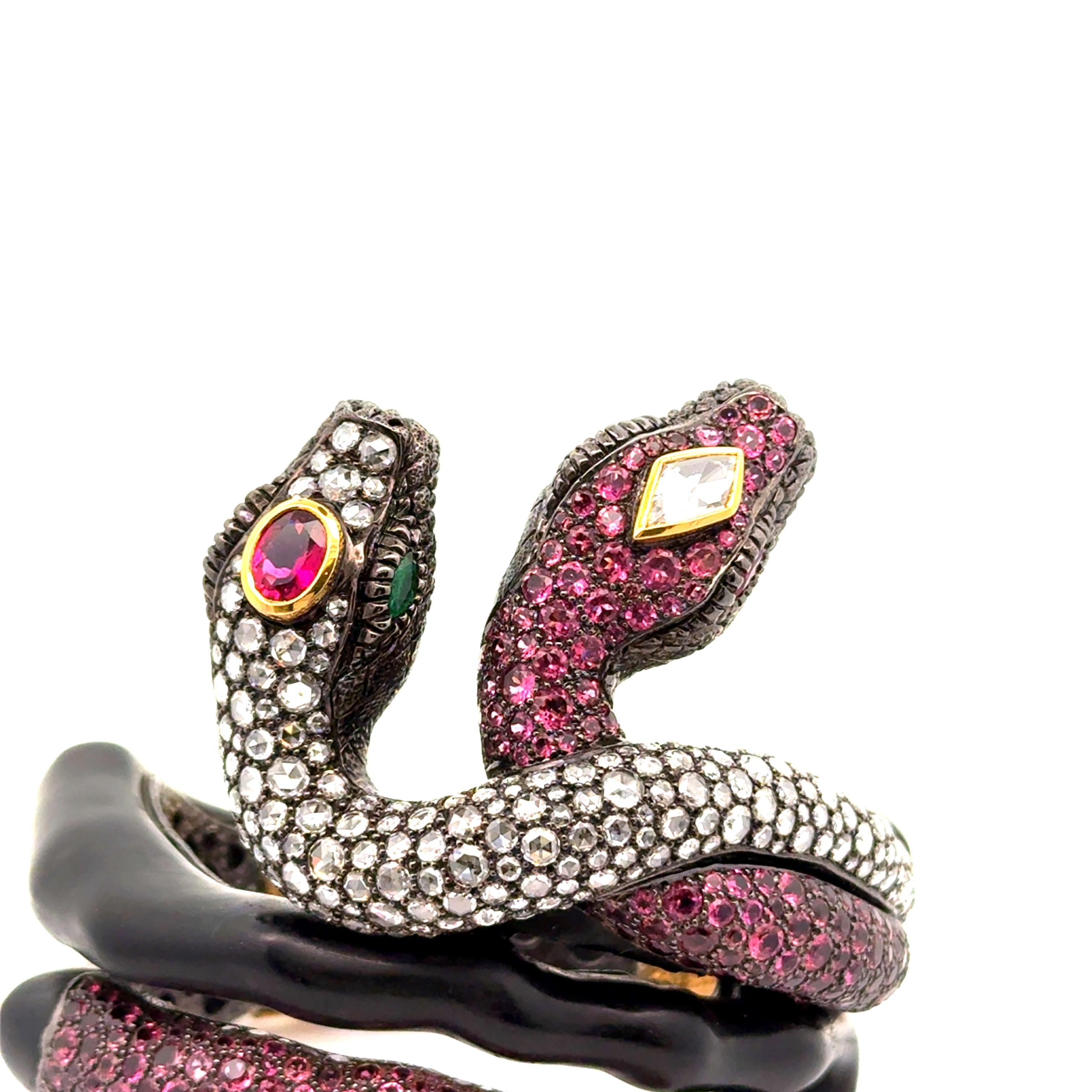 Pink Tourmaline Diamond Silver-18k Gold-Wooden Snake Bracelet