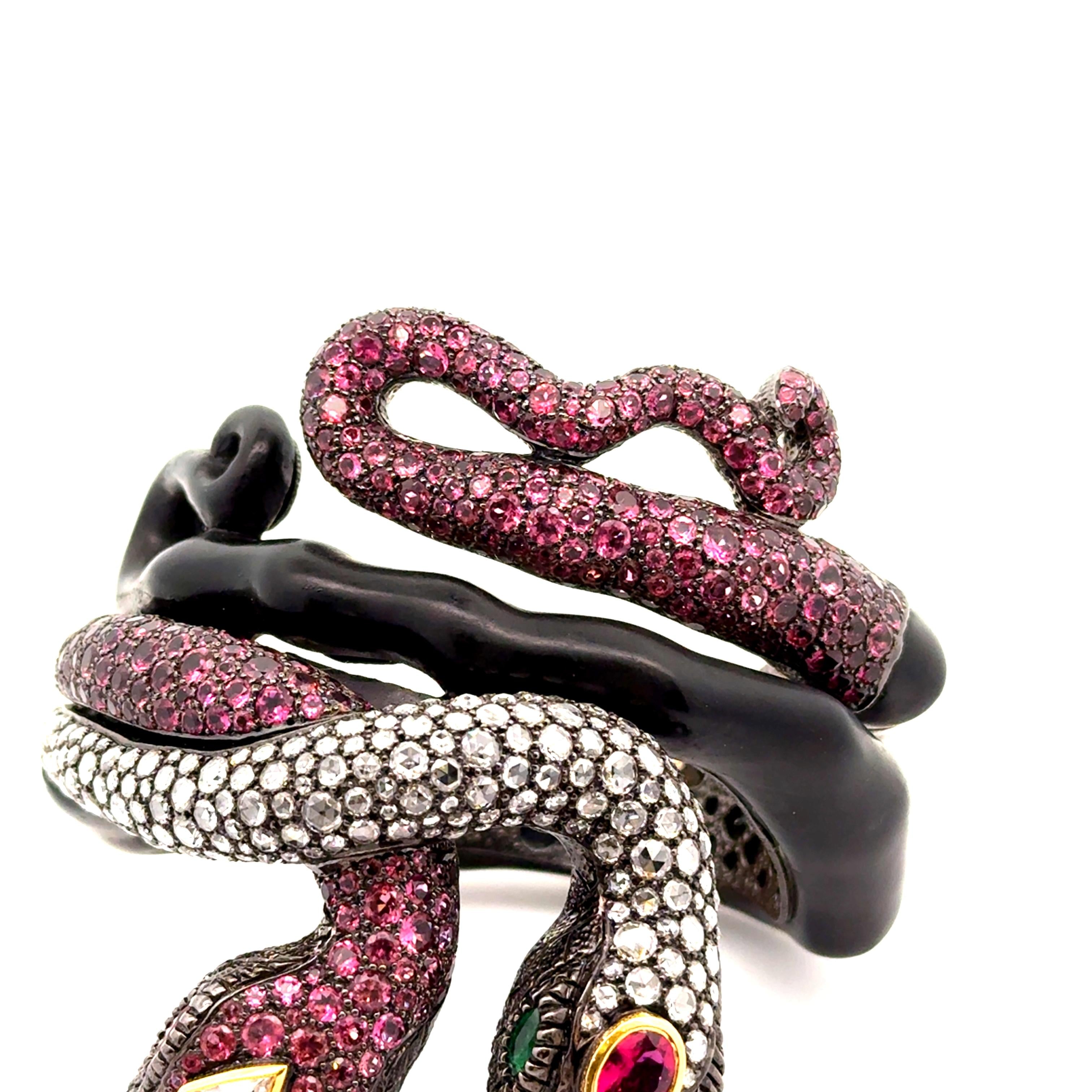 Pink Tourmaline Diamond Silver-18k Gold-Wooden Snake Bracelet