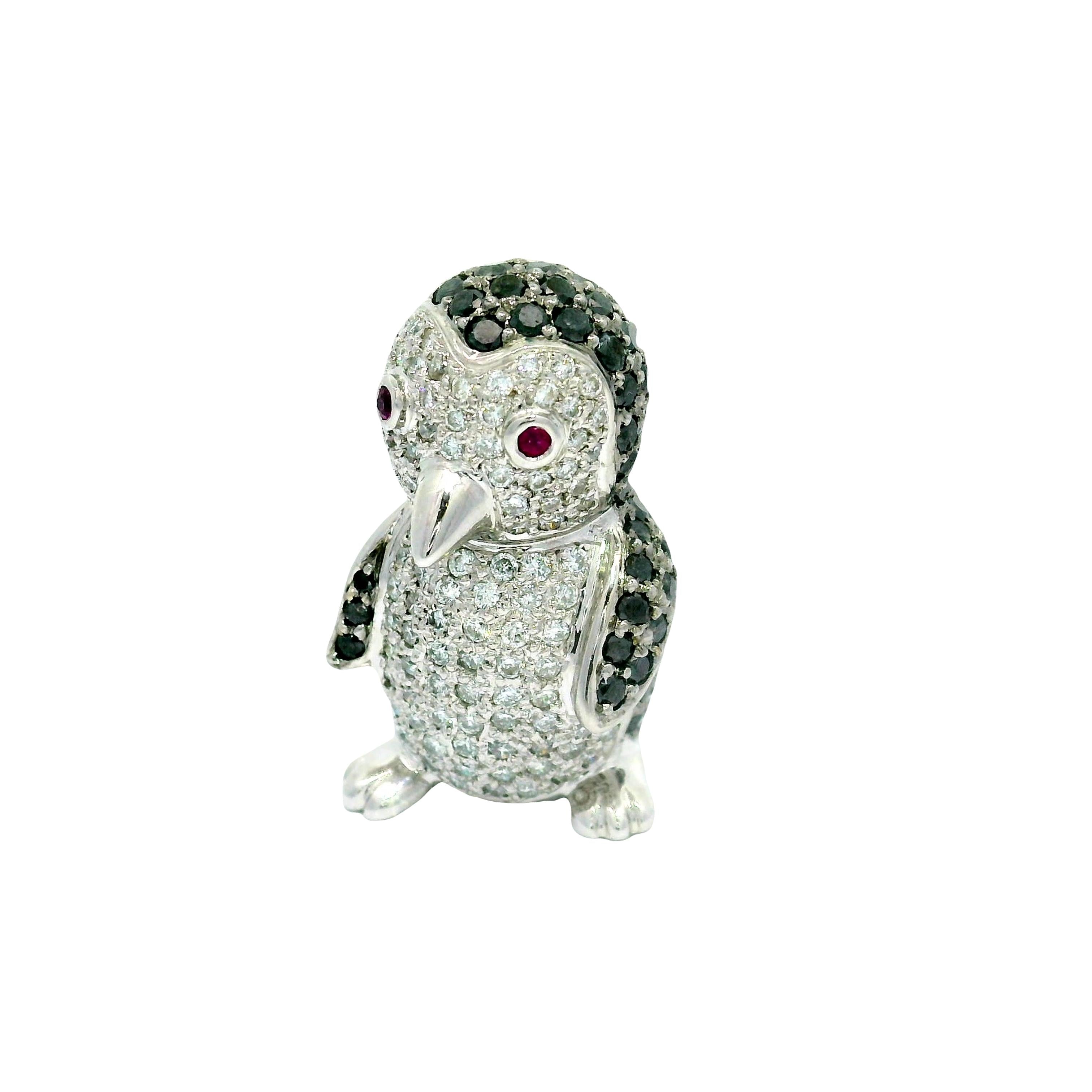 Black & White Diamond Ruby 18k White Gold Penguin Pendant Brooch