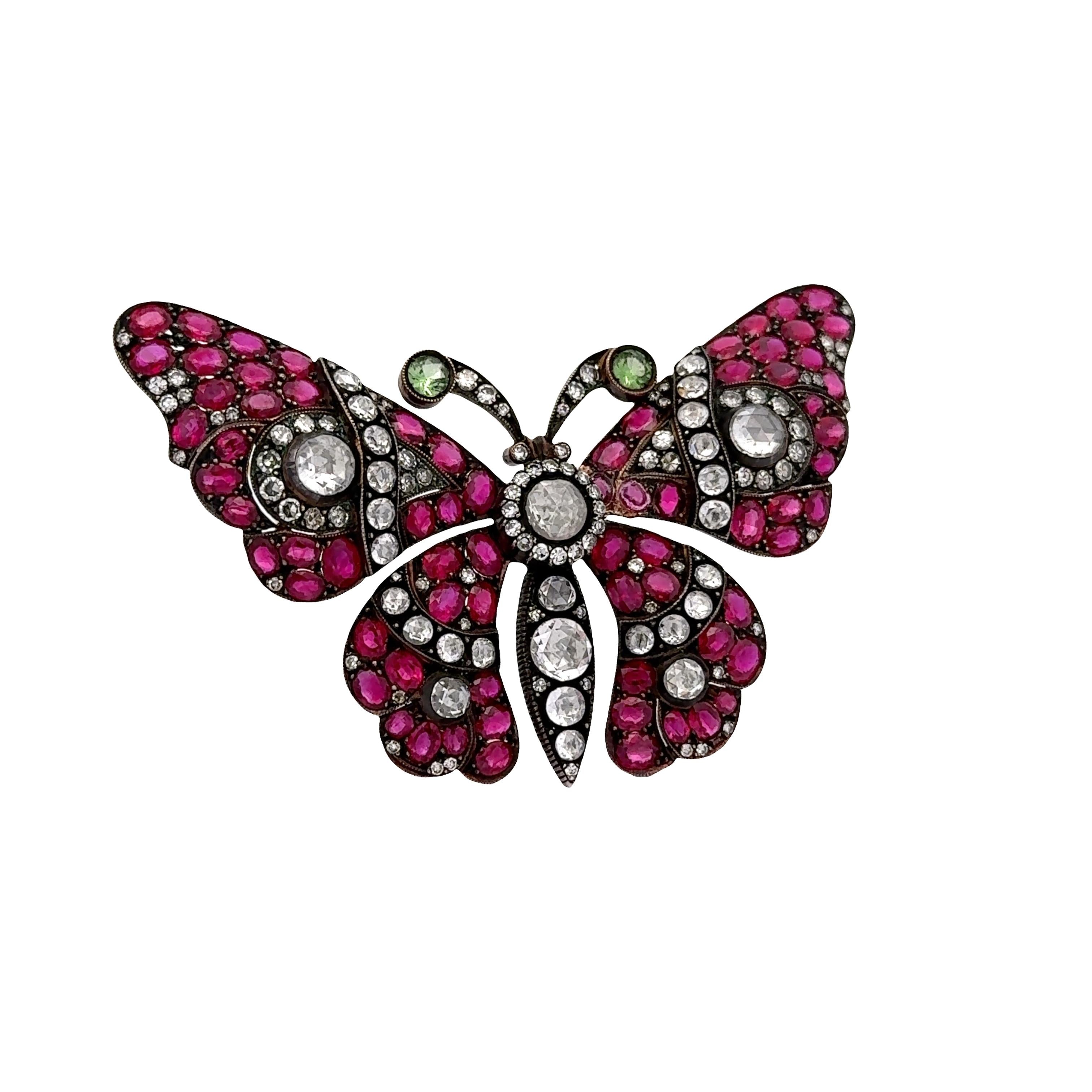 Antique Ruby & Diamond 18k Gold Butterfly Brooch