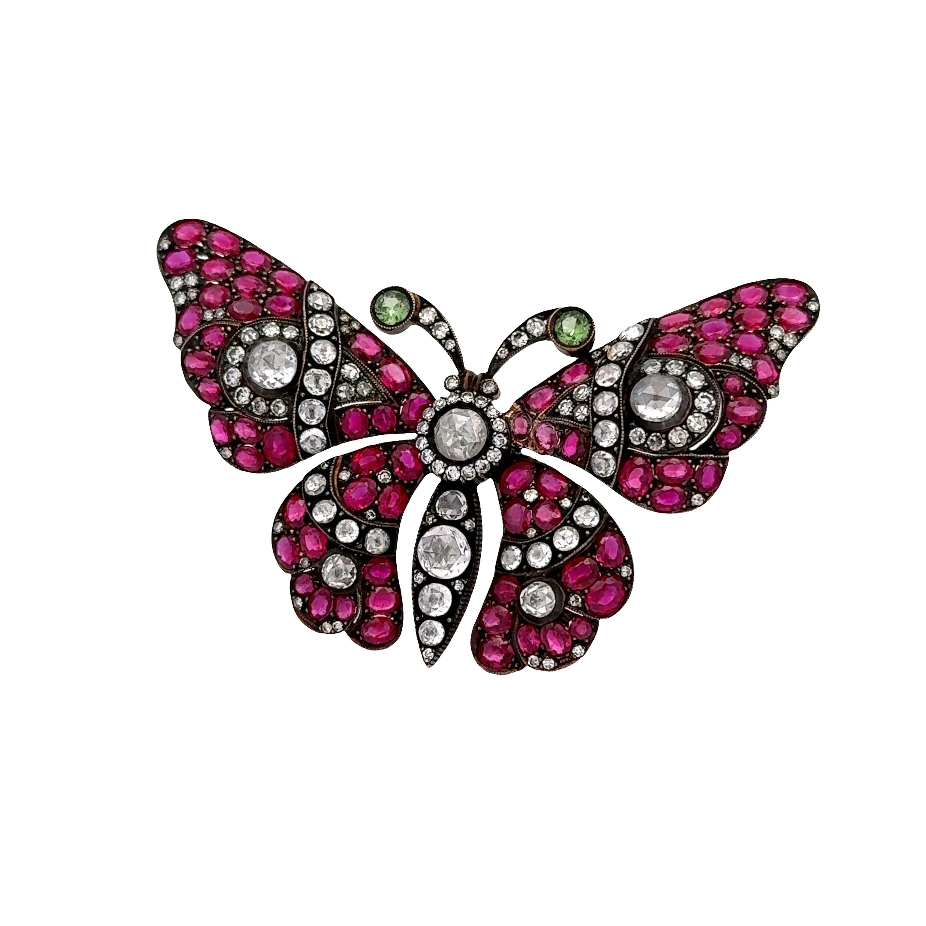 Antique Ruby & Diamond 18k Gold Butterfly Brooch