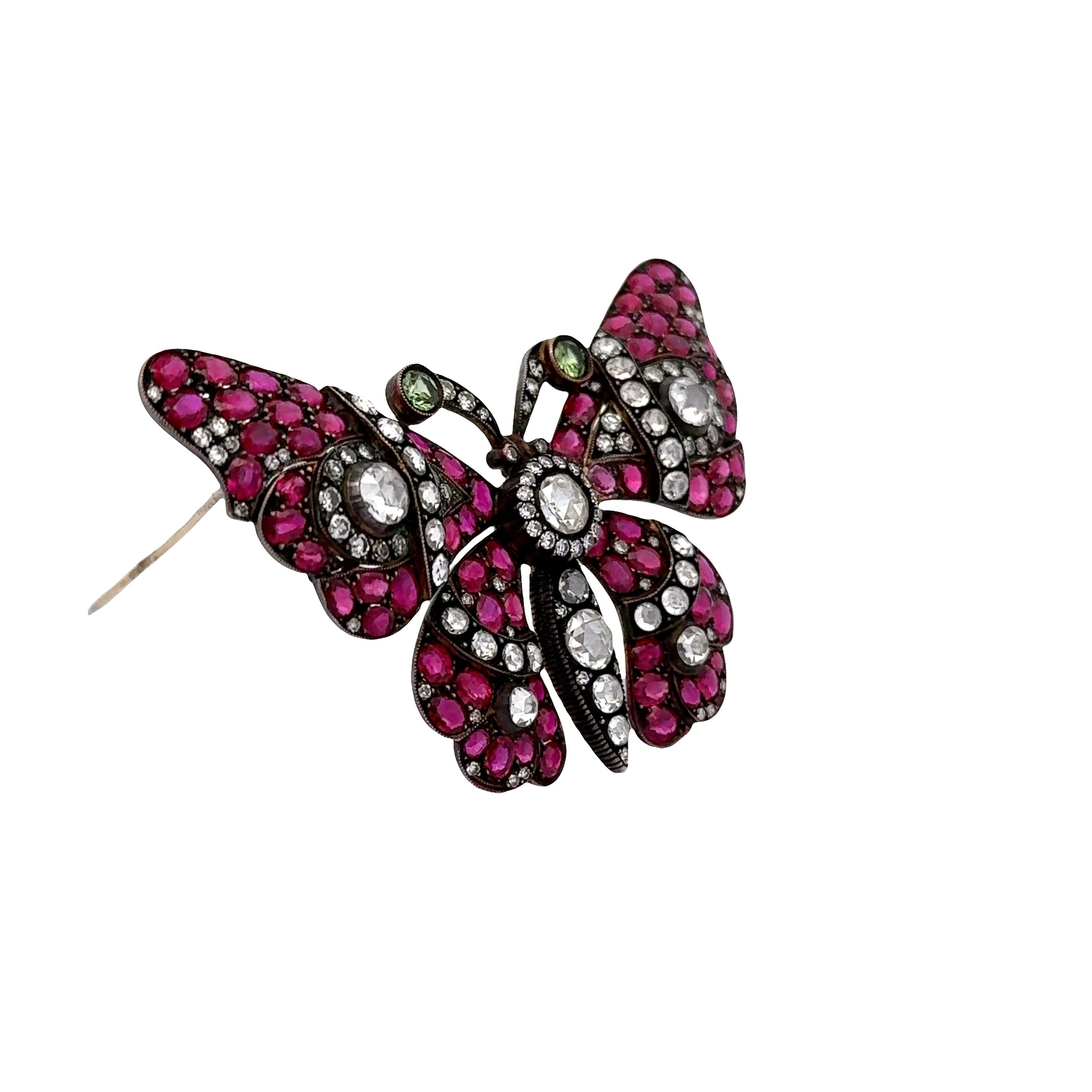Antique Ruby & Diamond 18k Gold Butterfly Brooch
