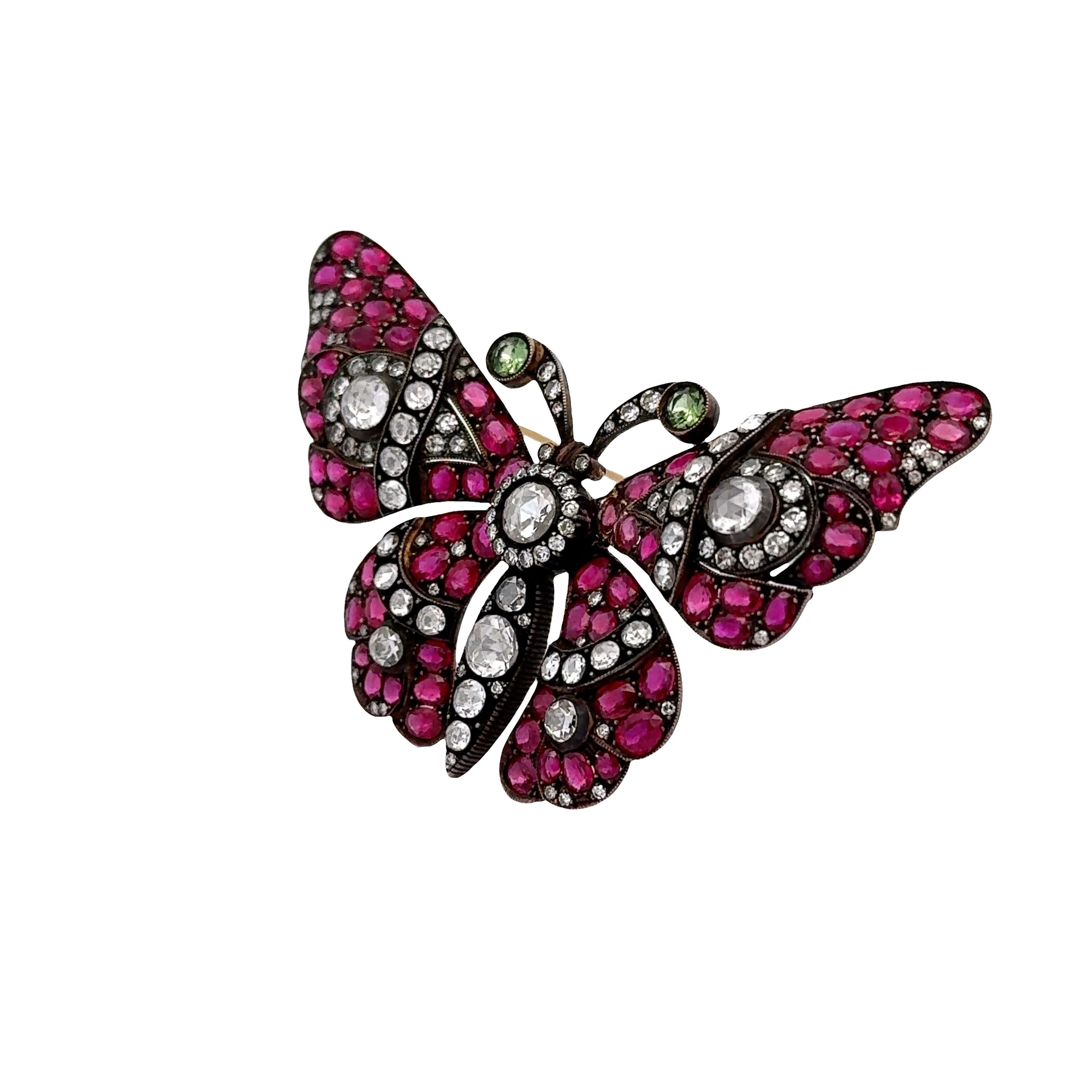 Antique Ruby & Diamond 18k Gold Butterfly Brooch