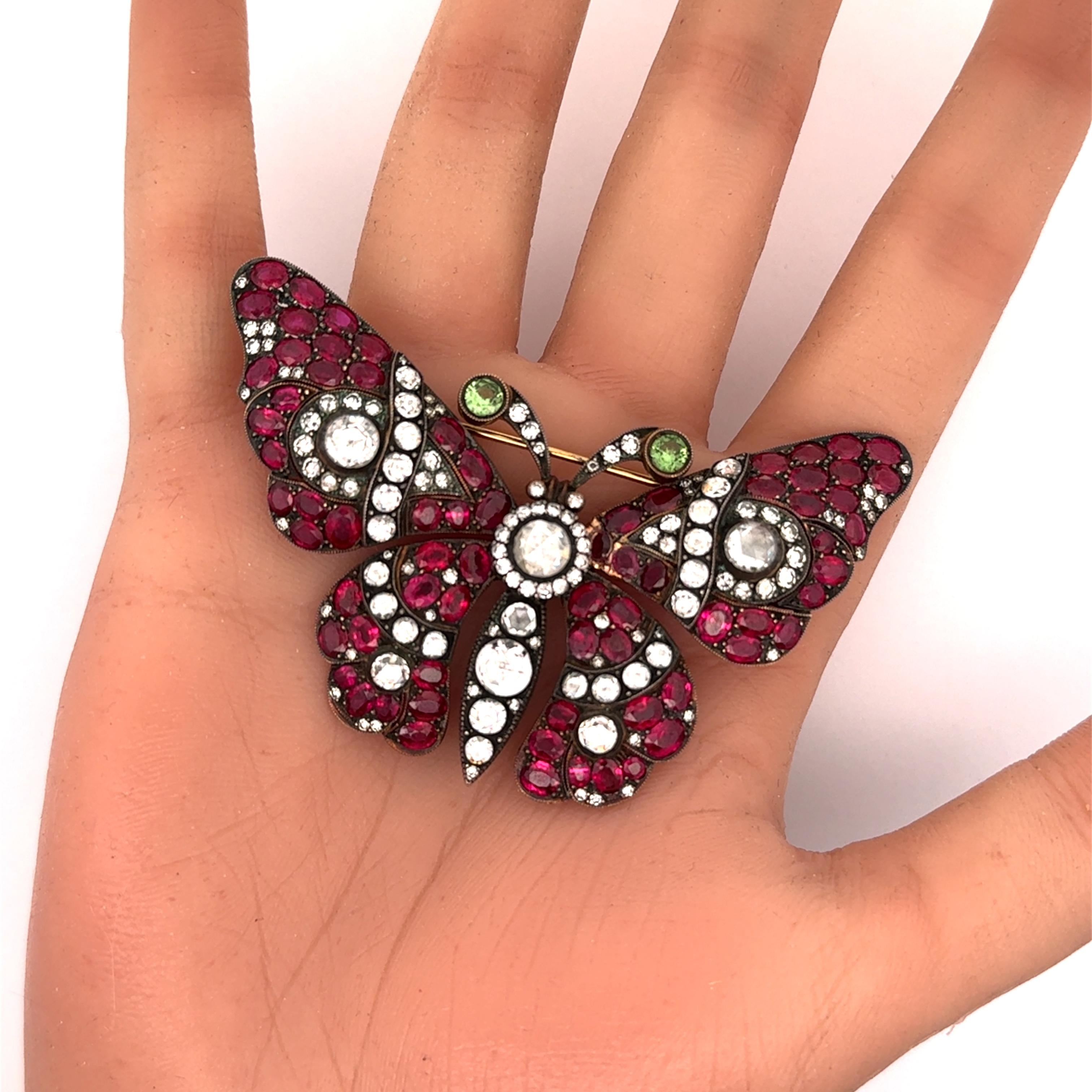 Antique Ruby & Diamond 18k Gold Butterfly Brooch
