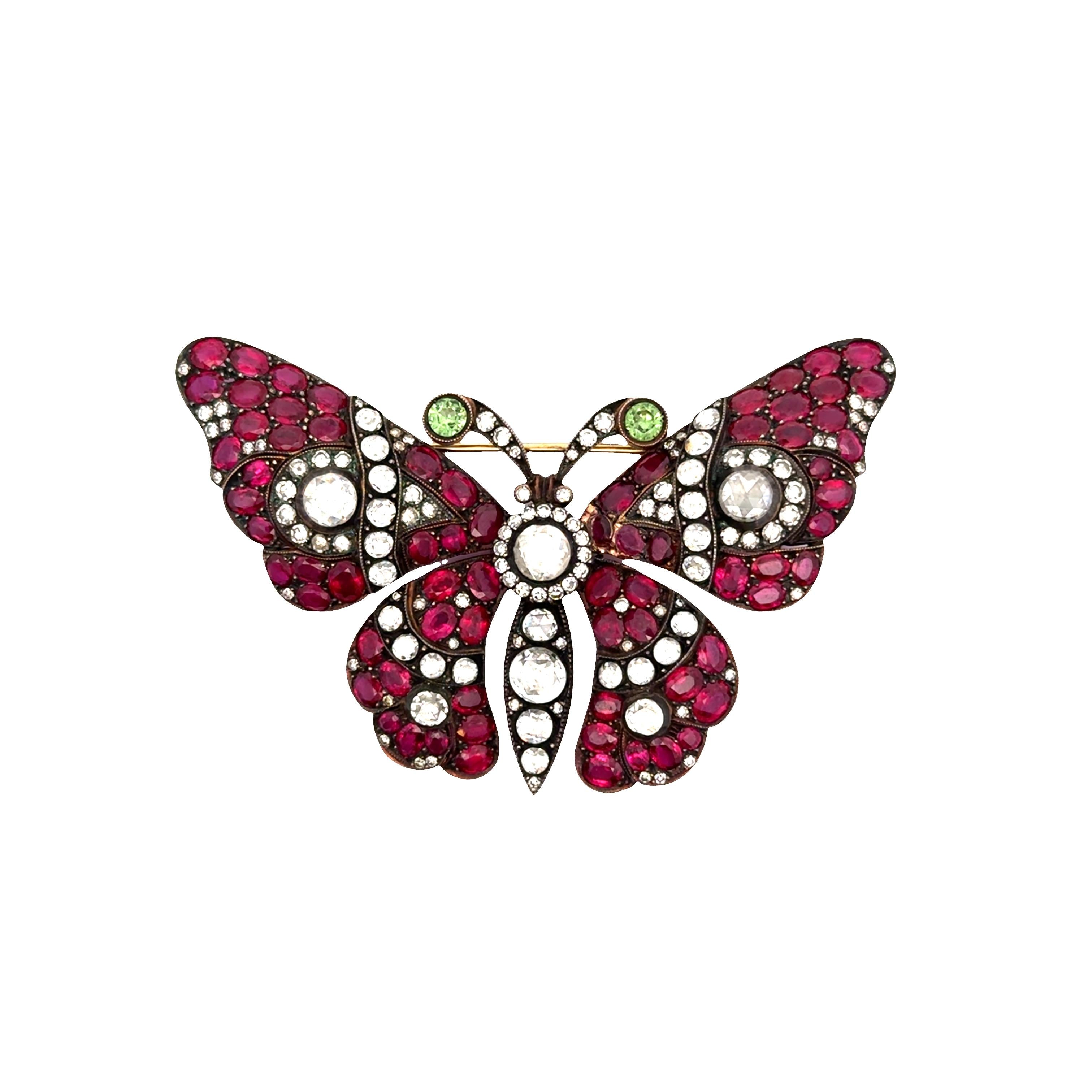 Antique Ruby & Diamond 18k Gold Butterfly Brooch