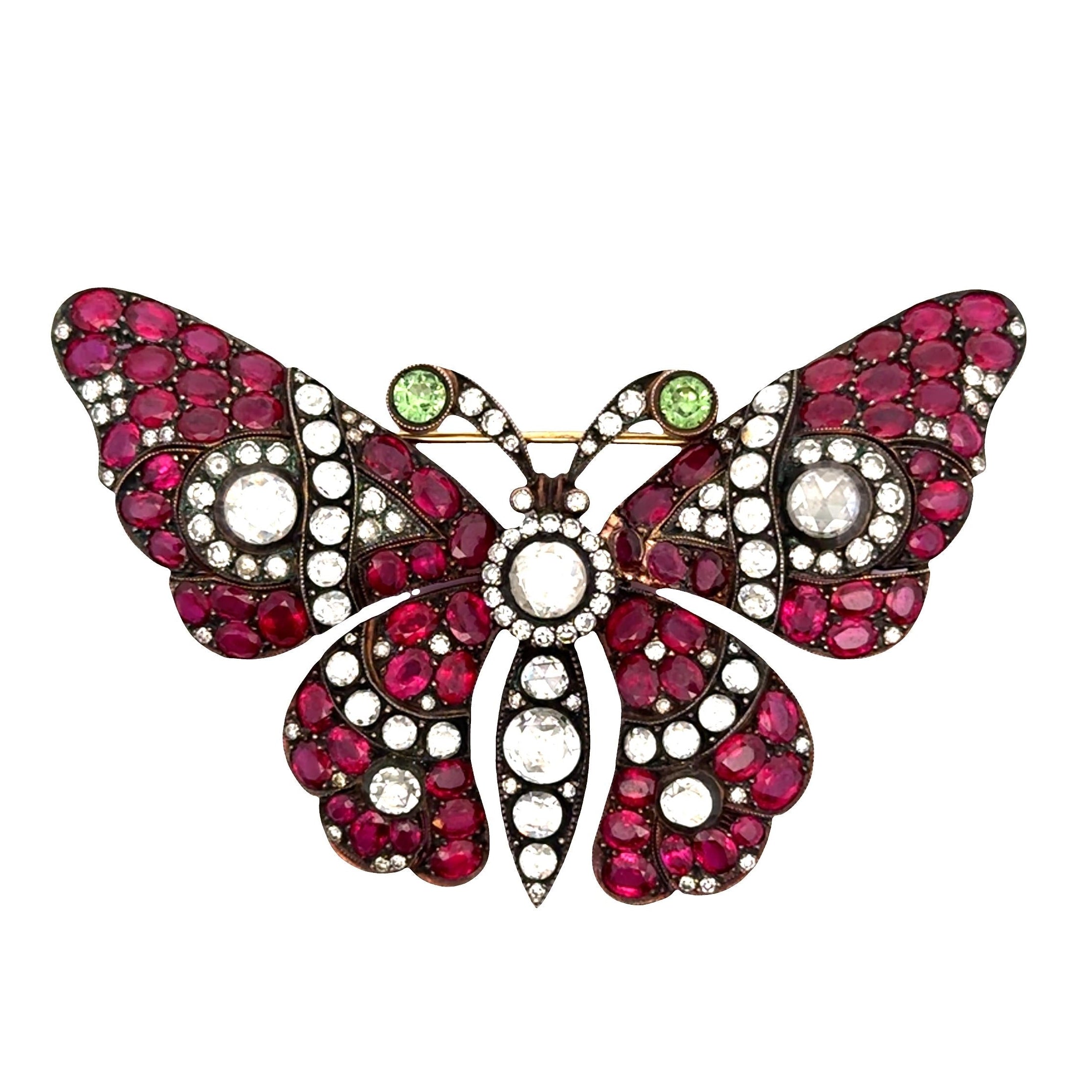 Antique Ruby & Diamond 18k Gold Butterfly Brooch