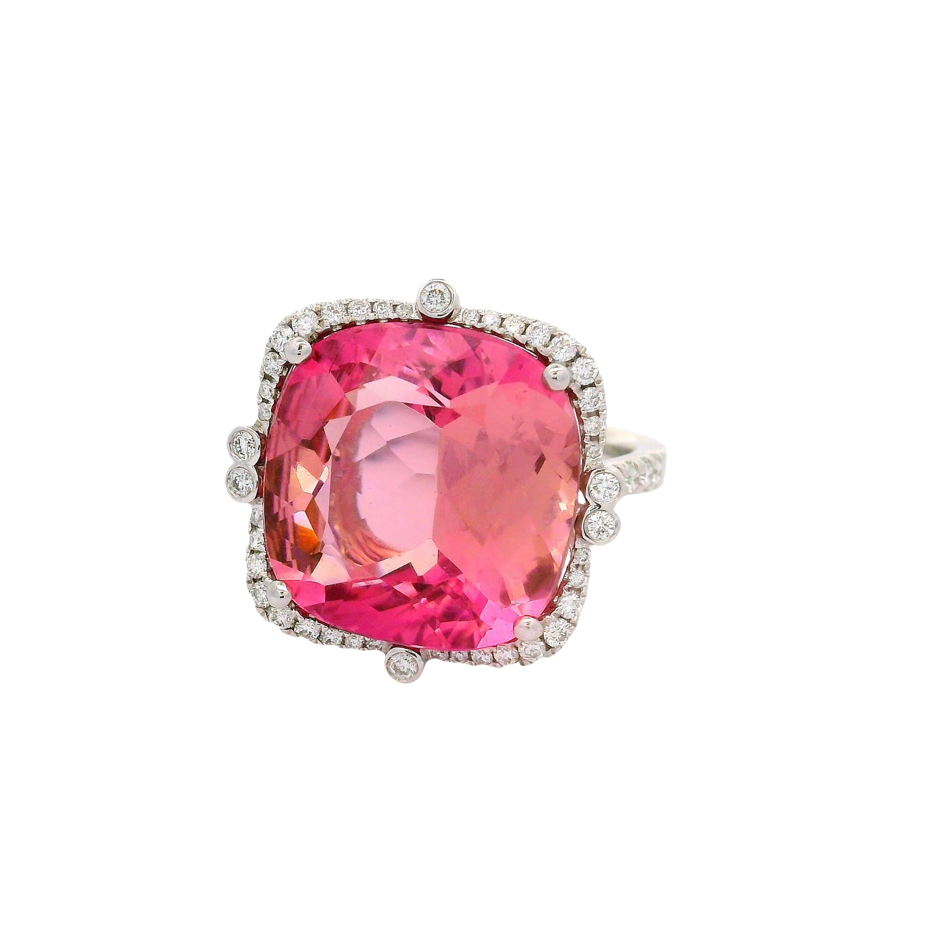 13.80 Carat Pink Tourmaline Diamond 14k White Gold Ring