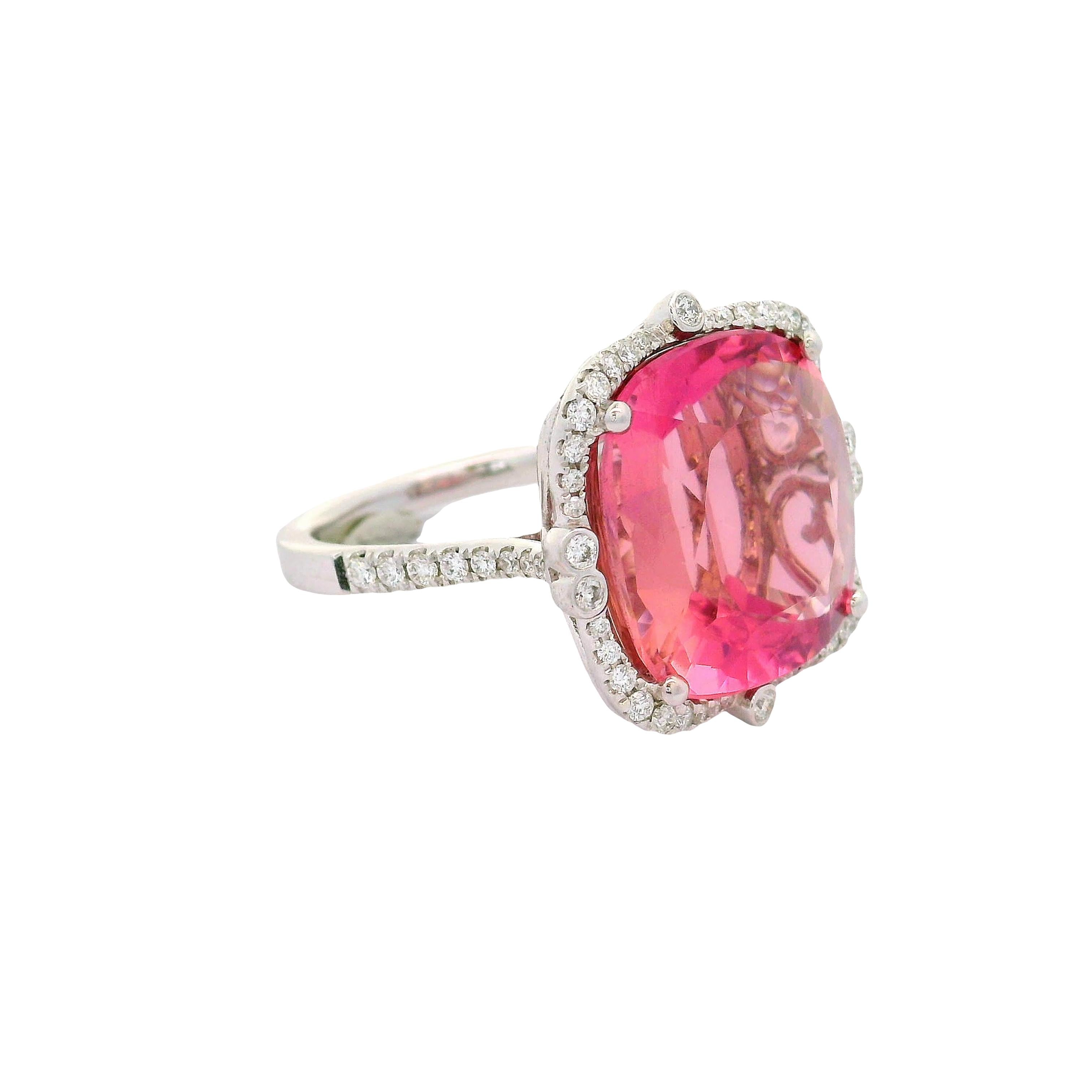 13.80 Carat Pink Tourmaline Diamond 14k White Gold Ring