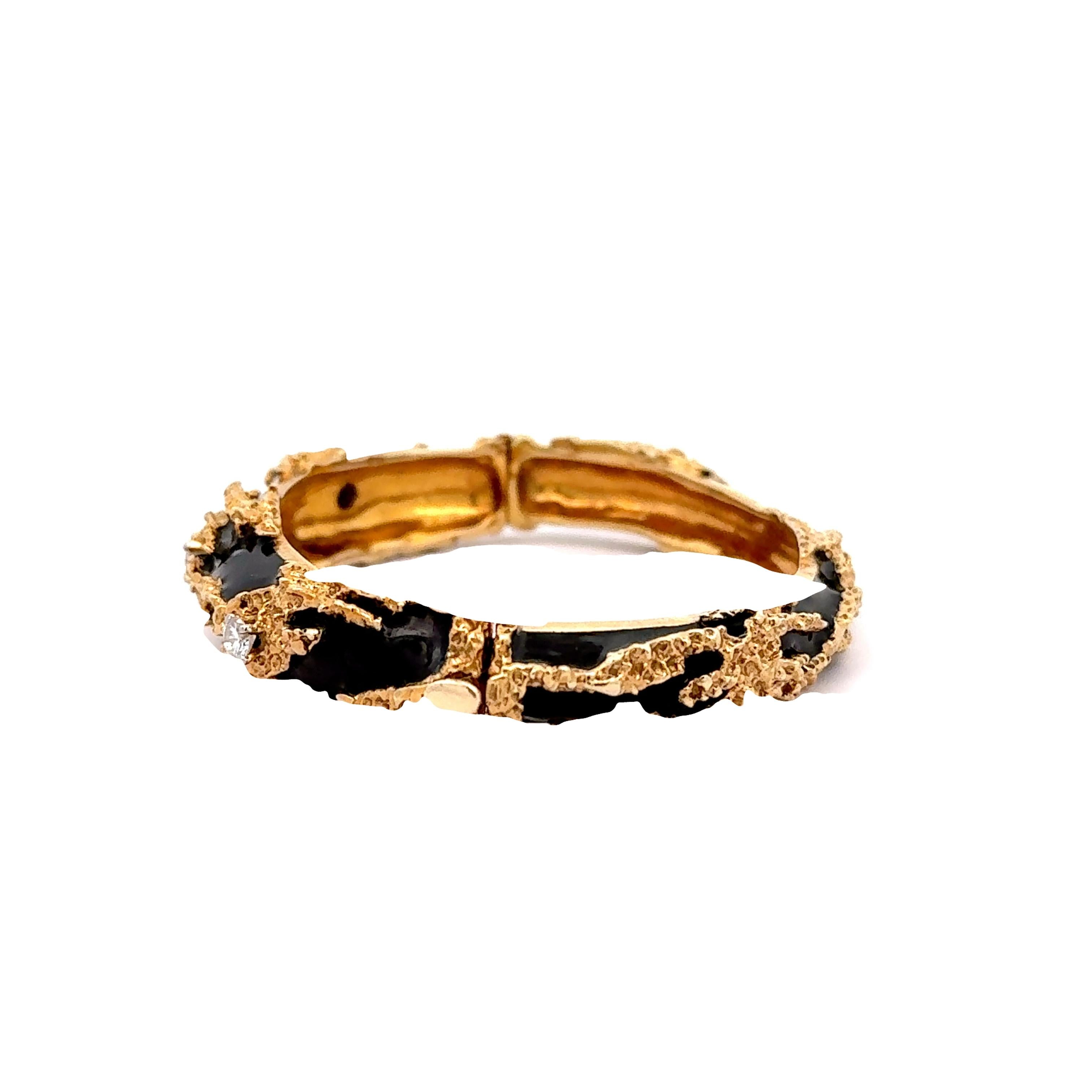 Diamond Enamel 14k Yellow Gold Cuff Bracelet