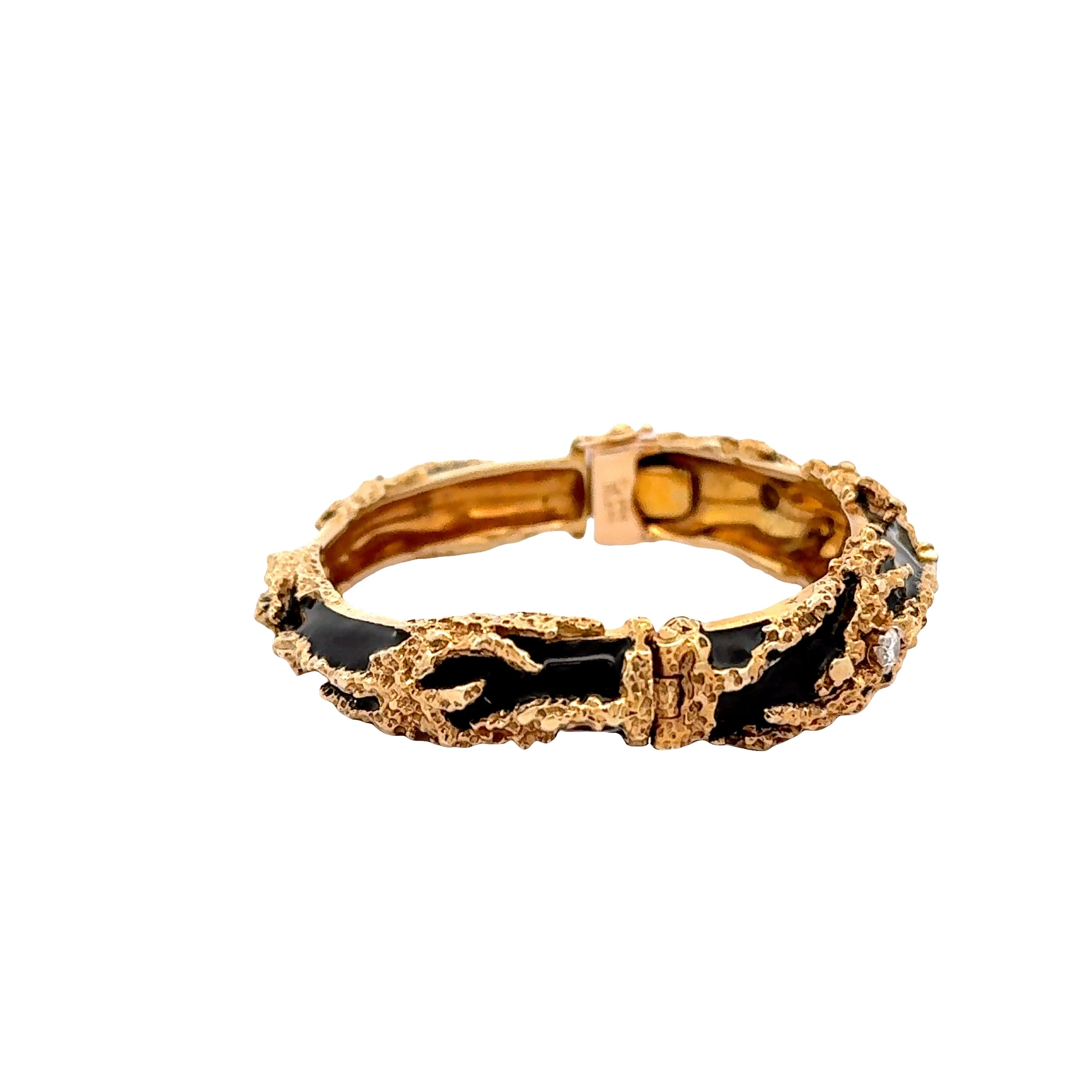 Diamond Enamel 14k Yellow Gold Cuff Bracelet