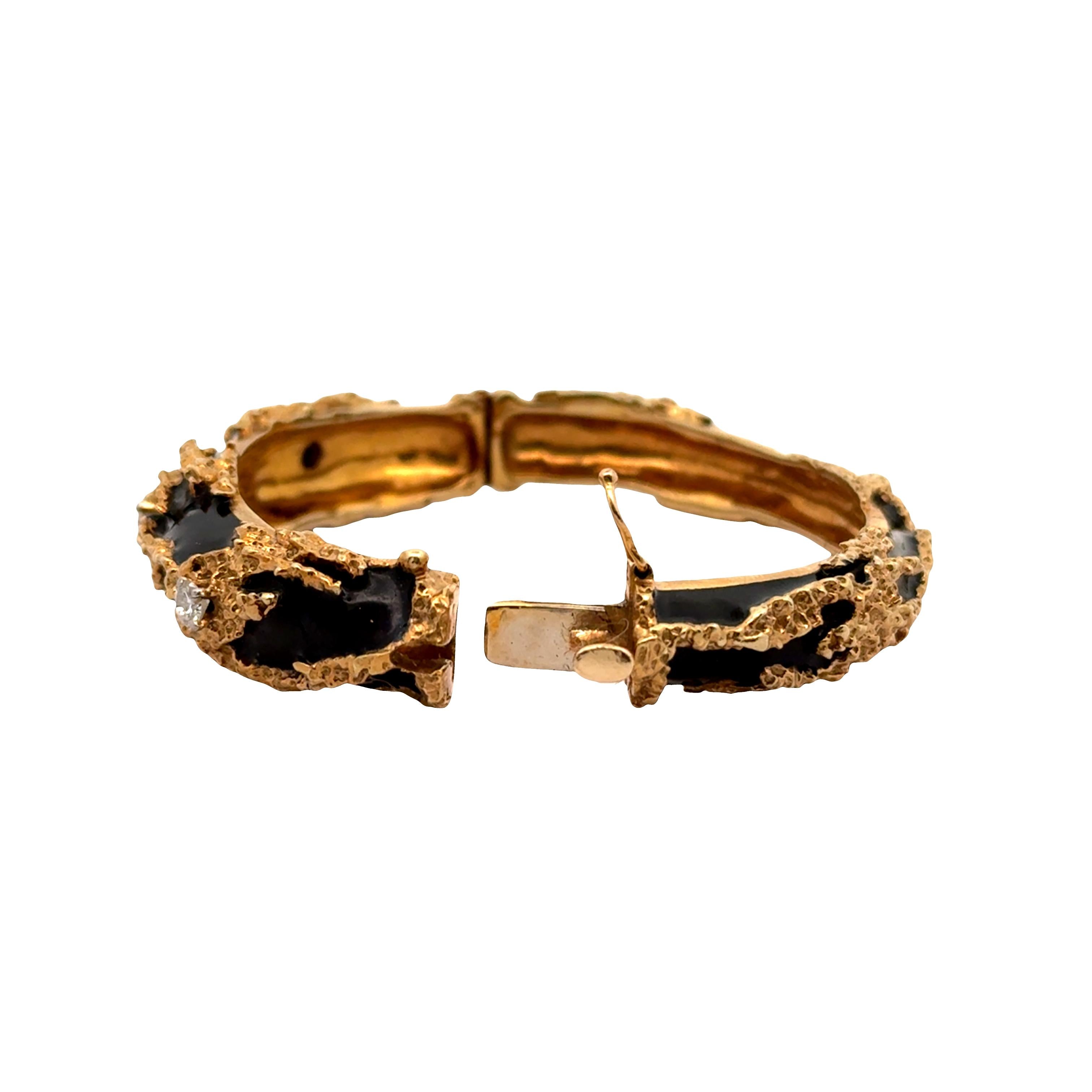Diamond Enamel 14k Yellow Gold Cuff Bracelet