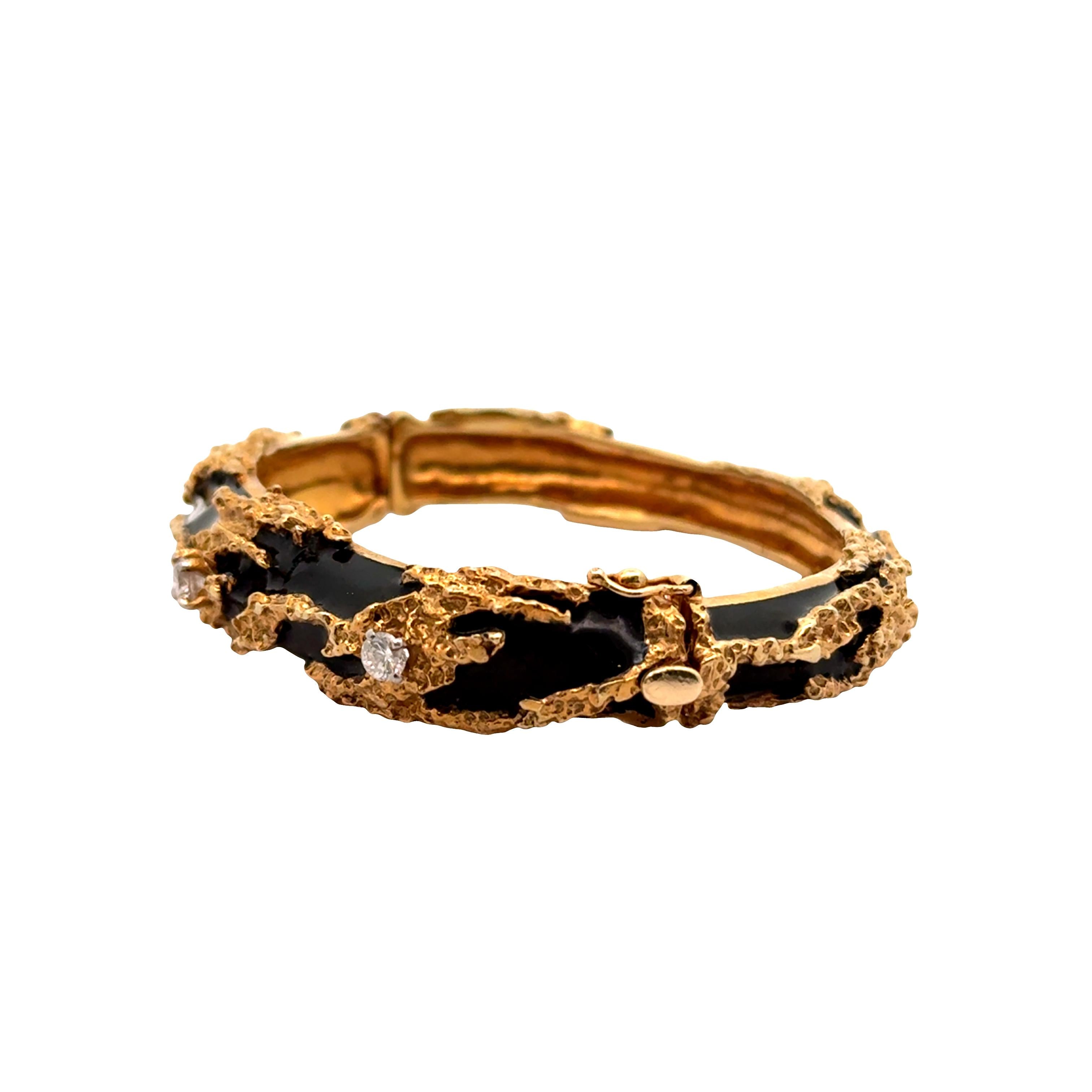 Diamond Enamel 14k Yellow Gold Cuff Bracelet
