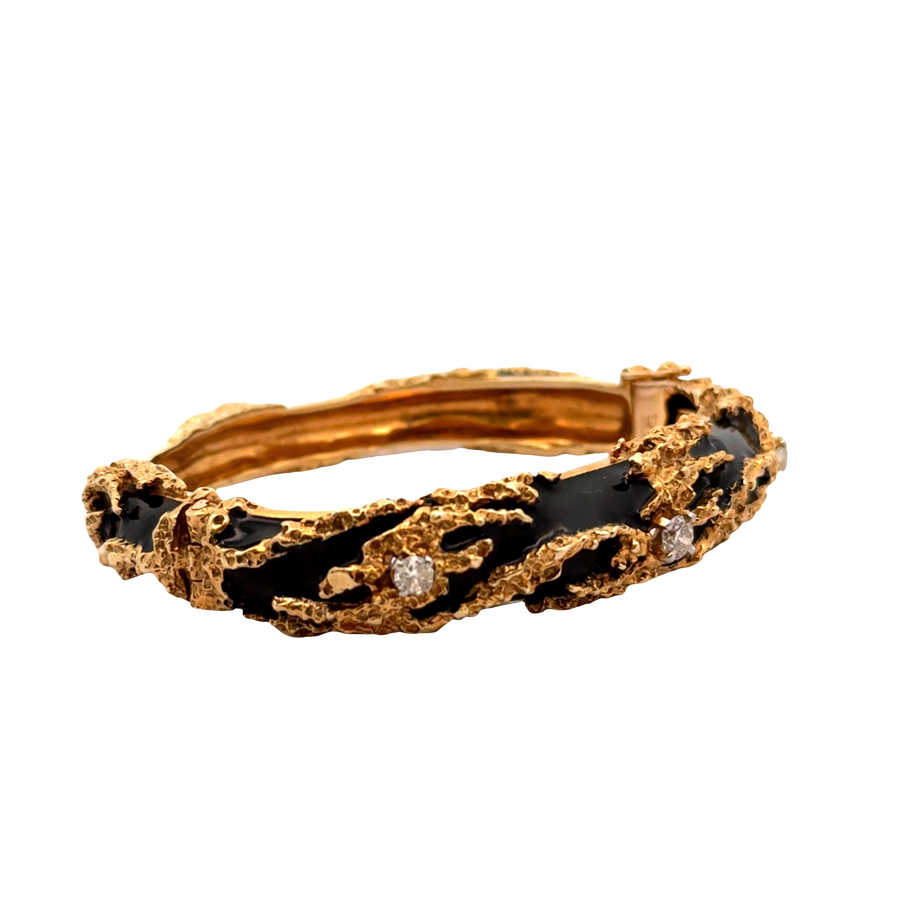 Diamond Enamel 14k Yellow Gold Cuff Bracelet