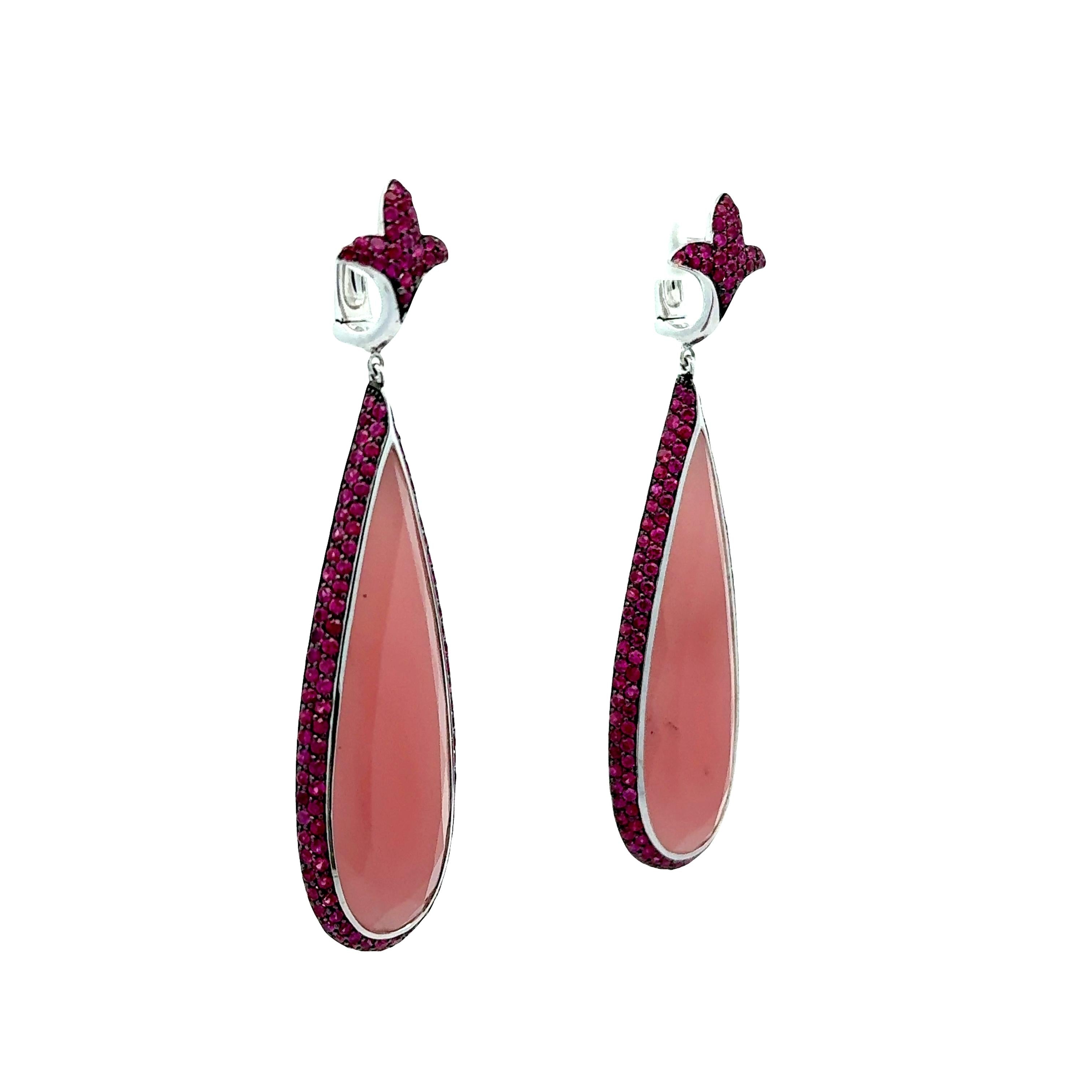 Rose Quartz Ruby 18k White Gold Drop Dangle Earrings