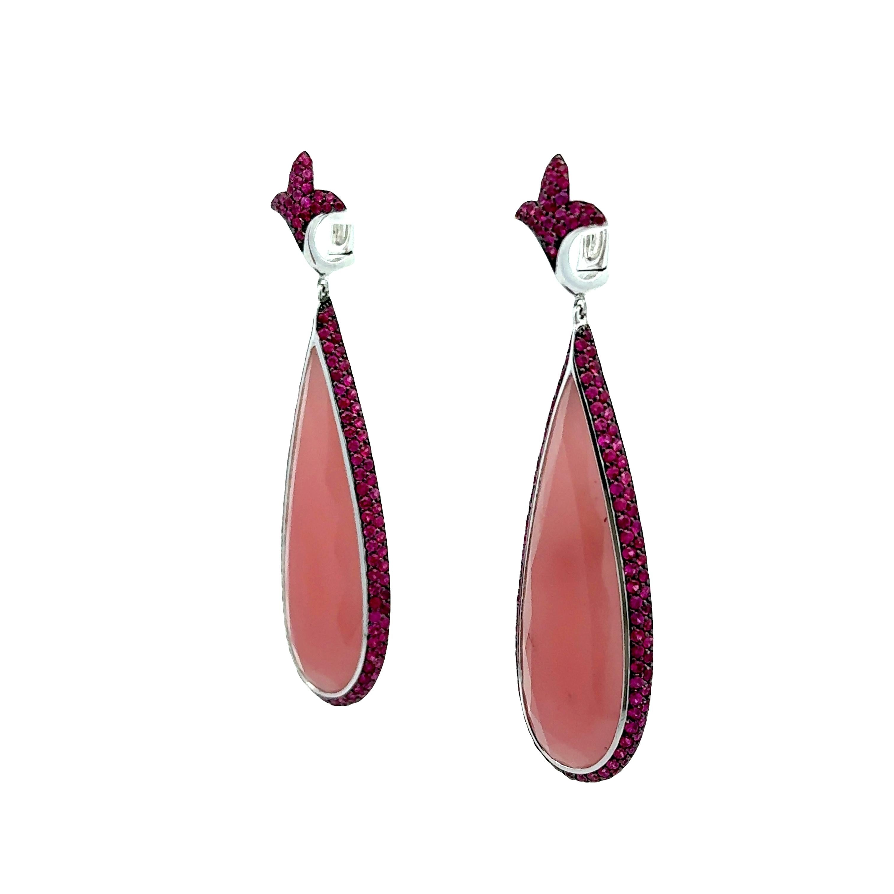 Rose Quartz Ruby 18k White Gold Drop Dangle Earrings
