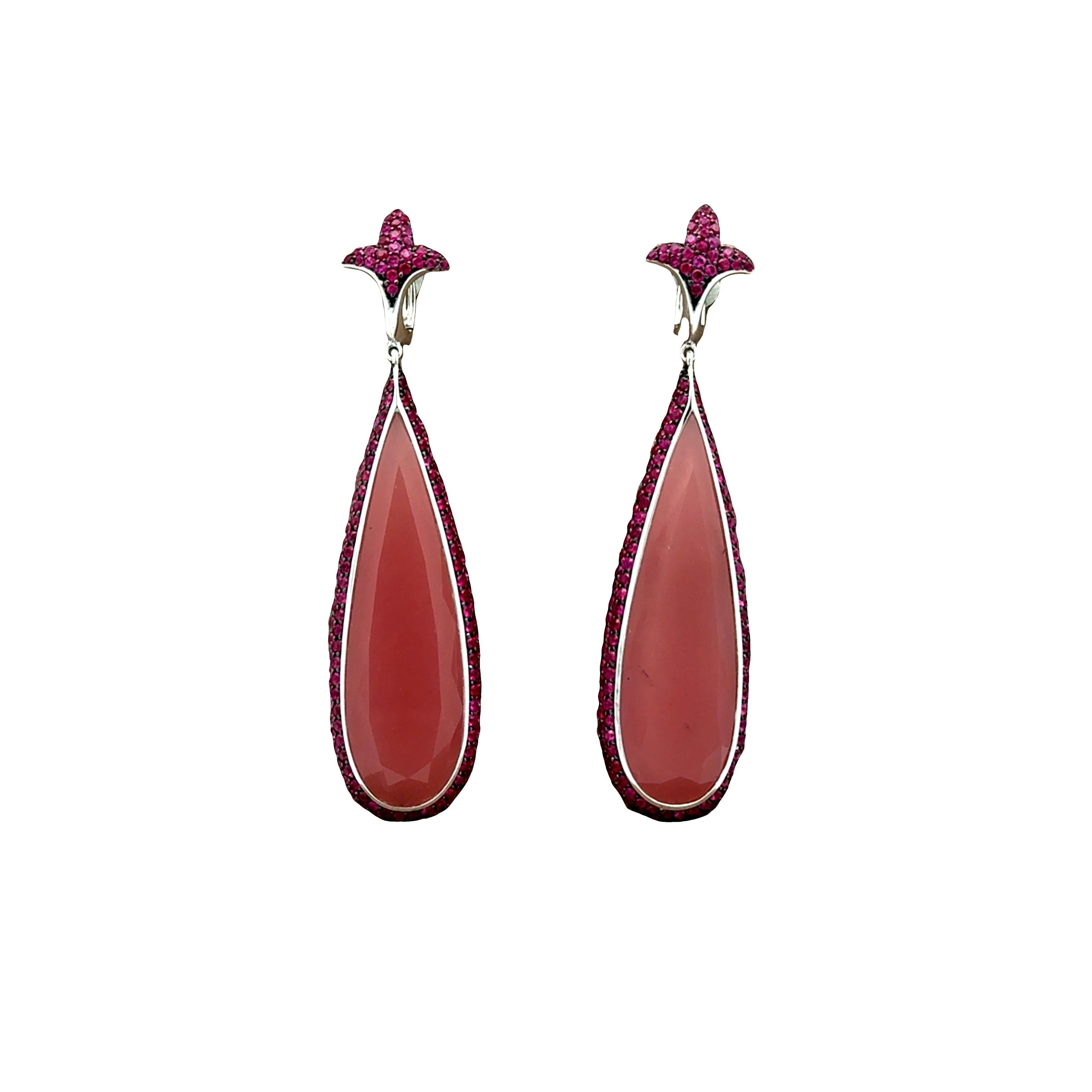 Rose Quartz Ruby 18k White Gold Drop Dangle Earrings